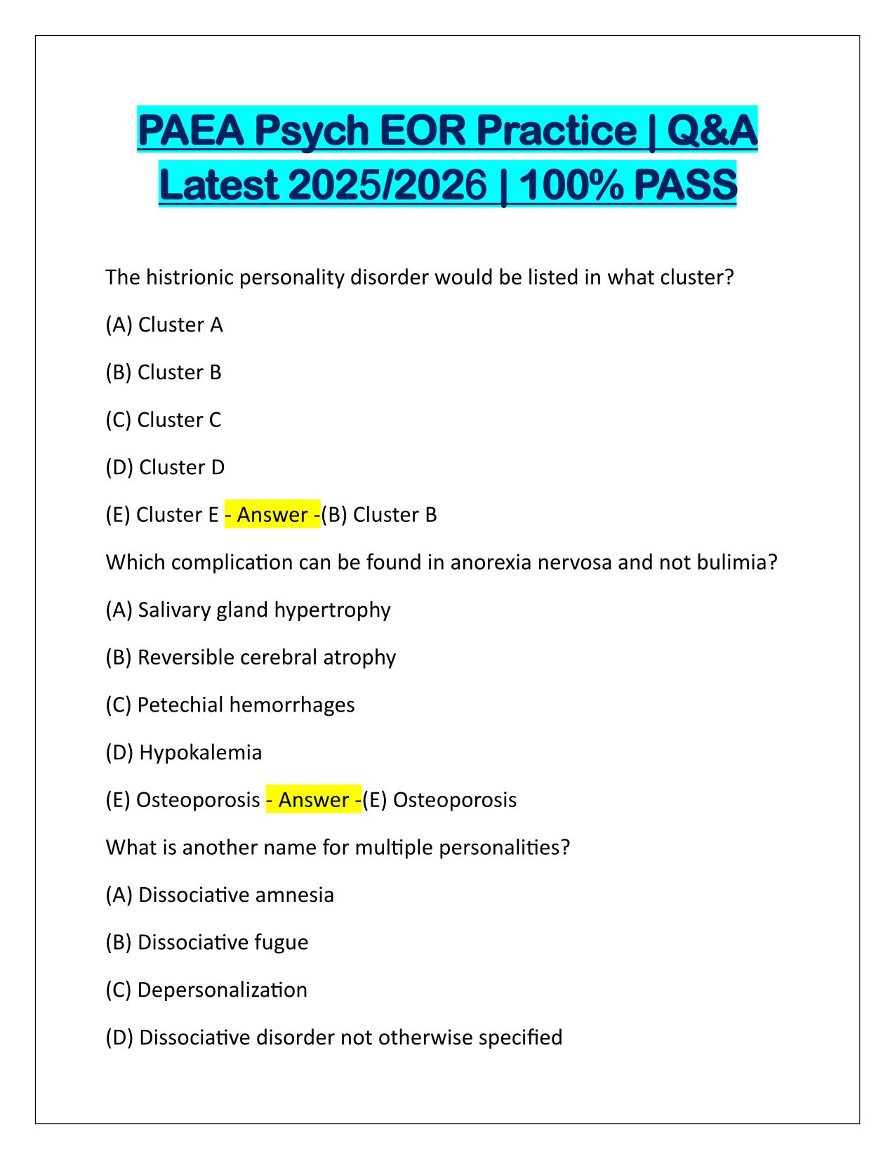 PAEA Psych EOR Practice EXAM Correctly Answered Latest Update