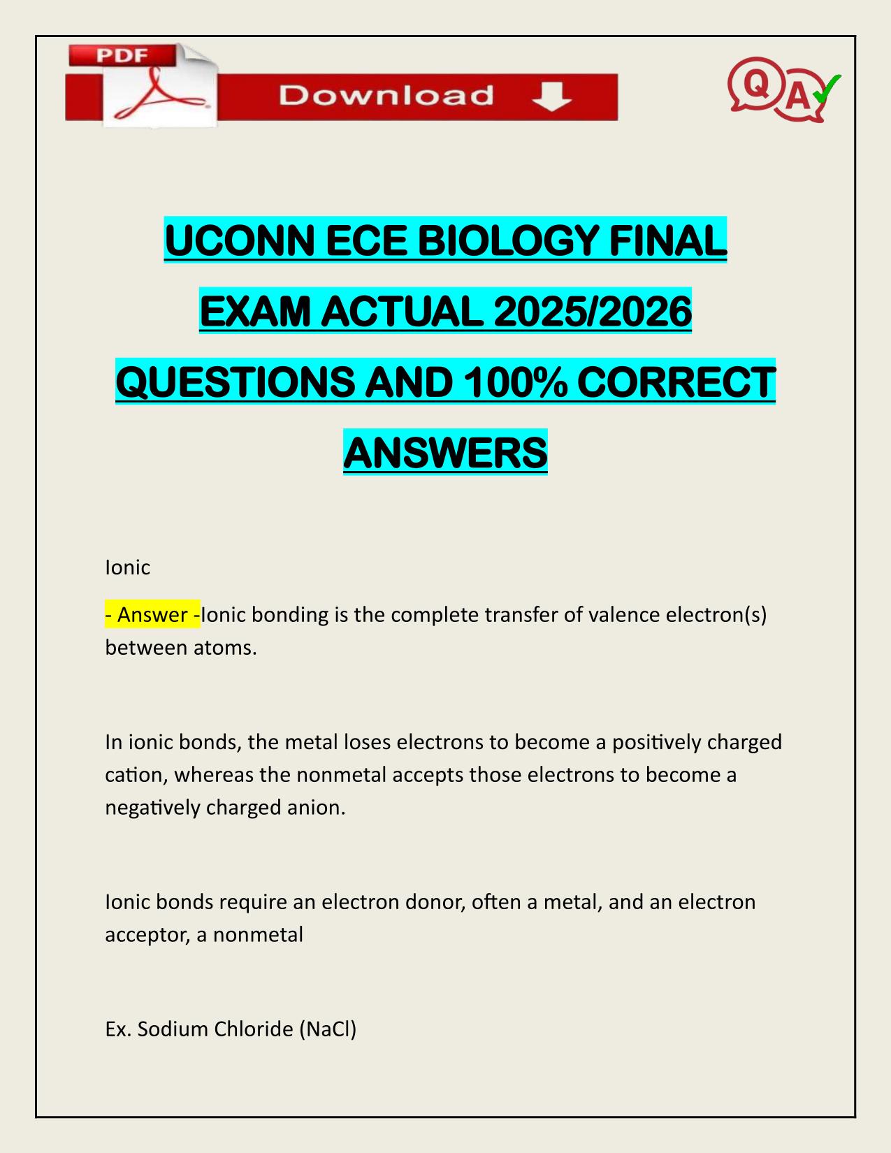UCONN ECE BIOLOGY FINAL EXAM ACTUAL 2025/2026 WITH CORRECT ANSWERS