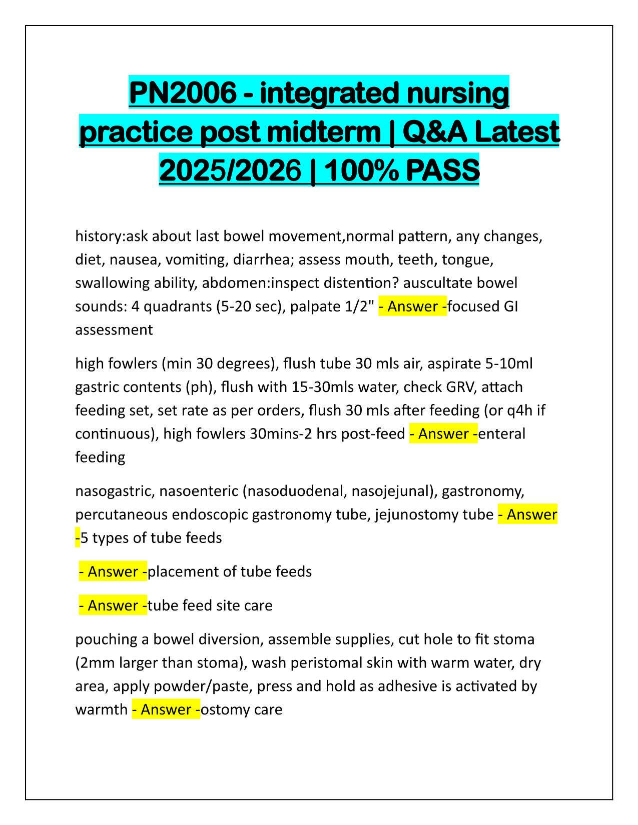 PN2006-integrated nursing practice post midterm Correctly Answered