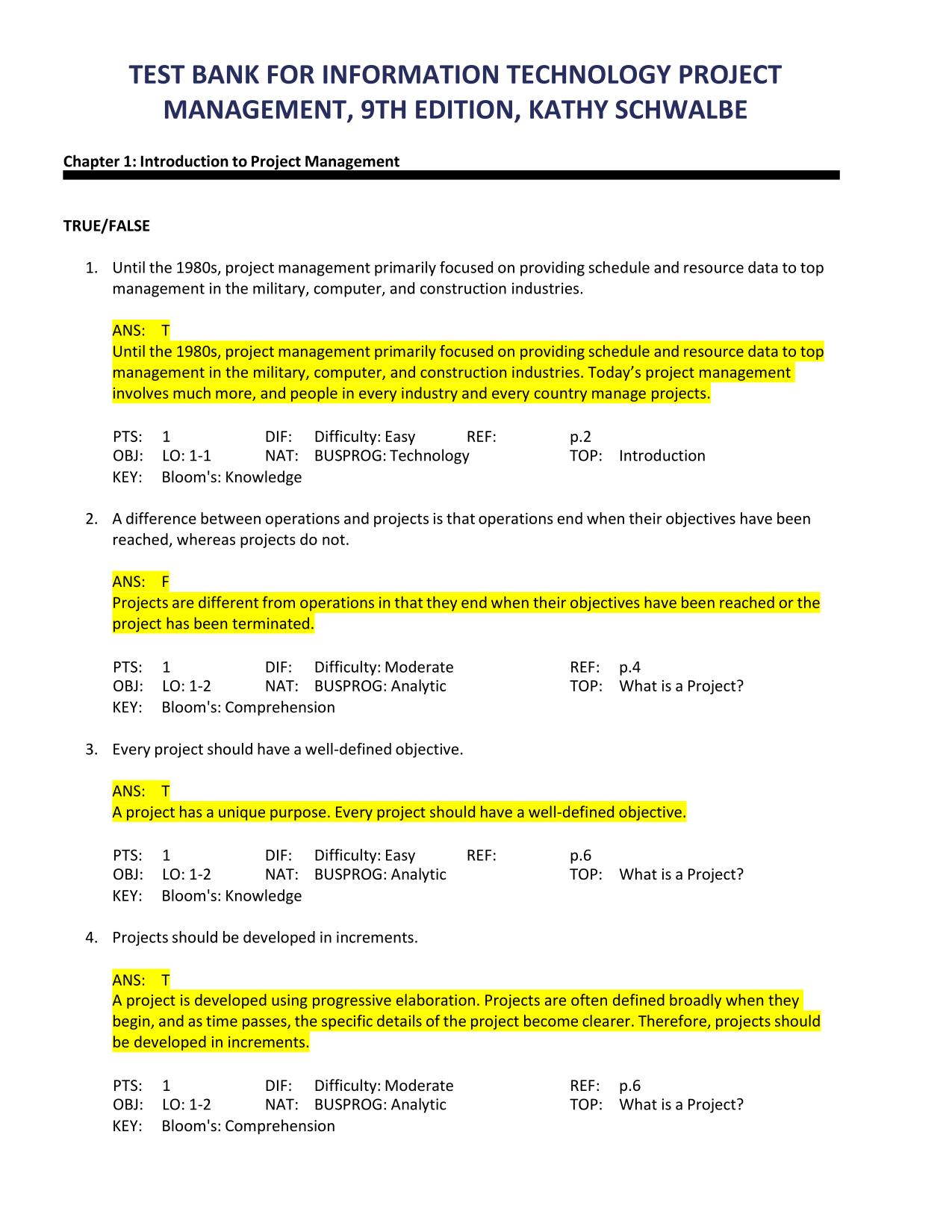 TEST BANK FOR INFORMATION TECHNOLOGY PROJECT MANAGEMENT 9TH ED KATHY SCHWALBE ISBN-9781337101356