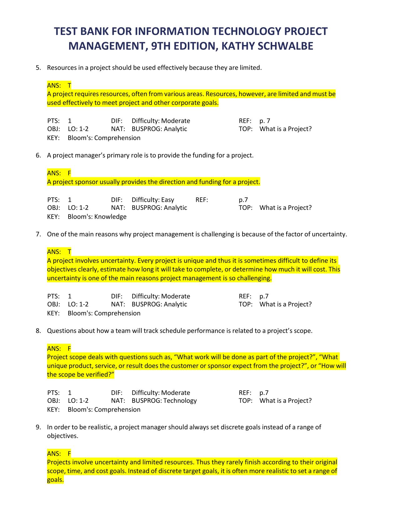 TEST BANK FOR INFORMATION TECHNOLOGY PROJECT MANAGEMENT 9TH ED KATHY SCHWALBE ISBN-9781337101356
