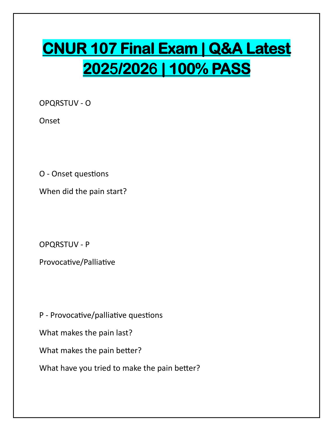 CNUR 107 Final Exam Q&A Latest Update 2025-2026