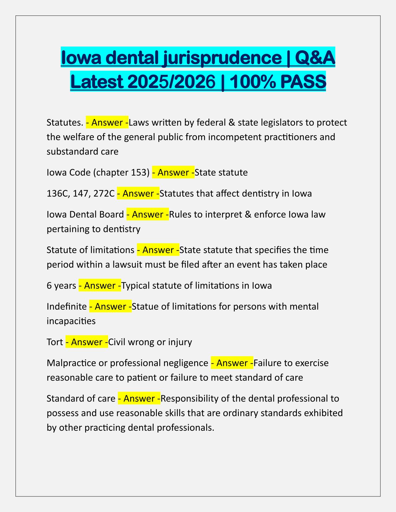 Iowa dental jurisprudence Correctly Answered Latest Update