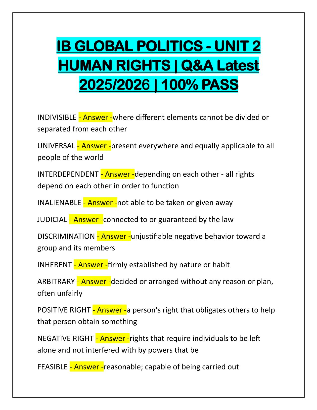 IB GLOBAL POLITICS-UNIT 2 HUMAN RIGHTS Q&A Latest Update
