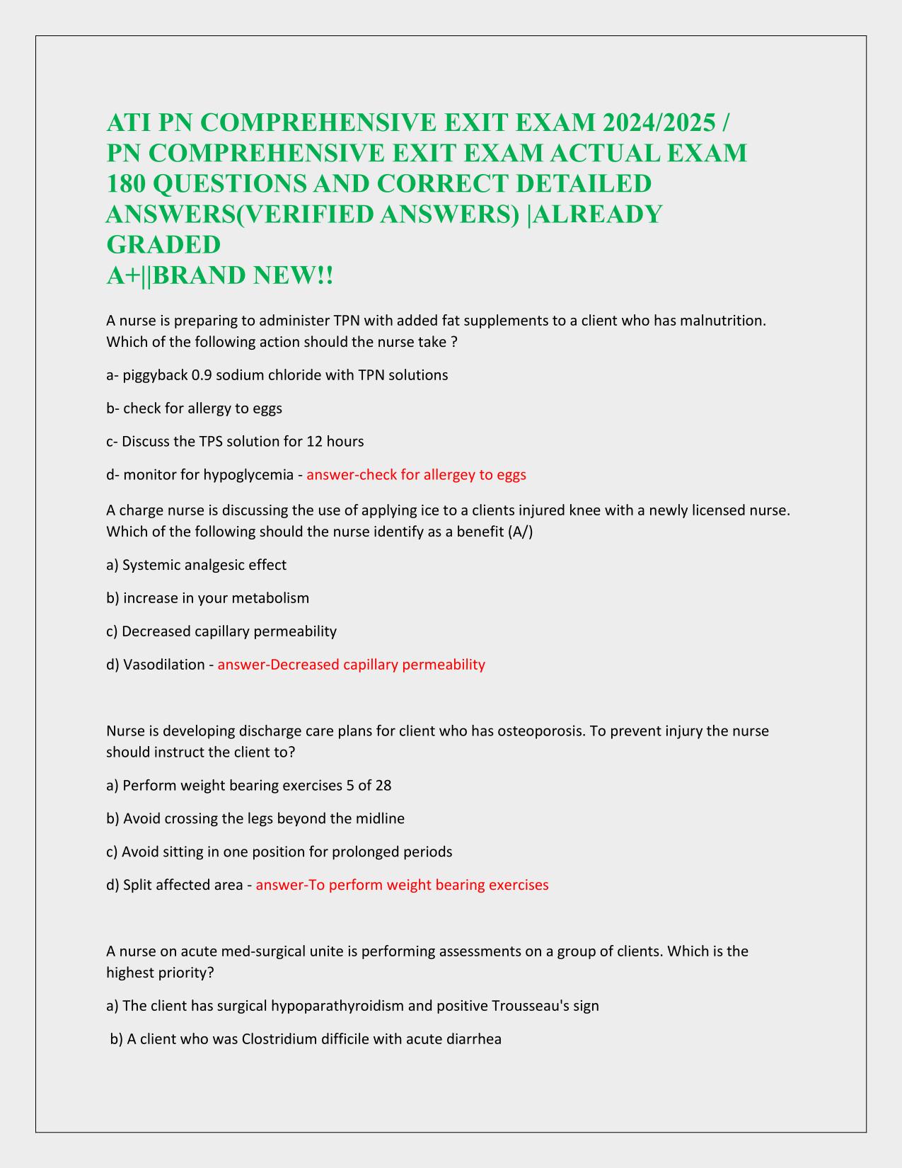 ATI PN COMPREHENSIVE EXIT ACTUAL EXAM 180+ Q&A