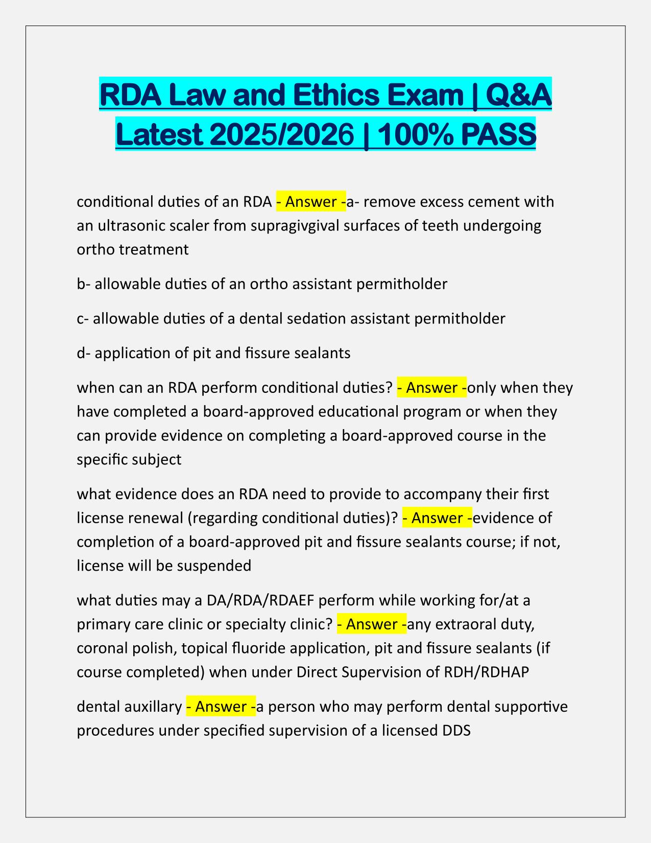 RDA Law and Ethics Exam Q&A Latest Update