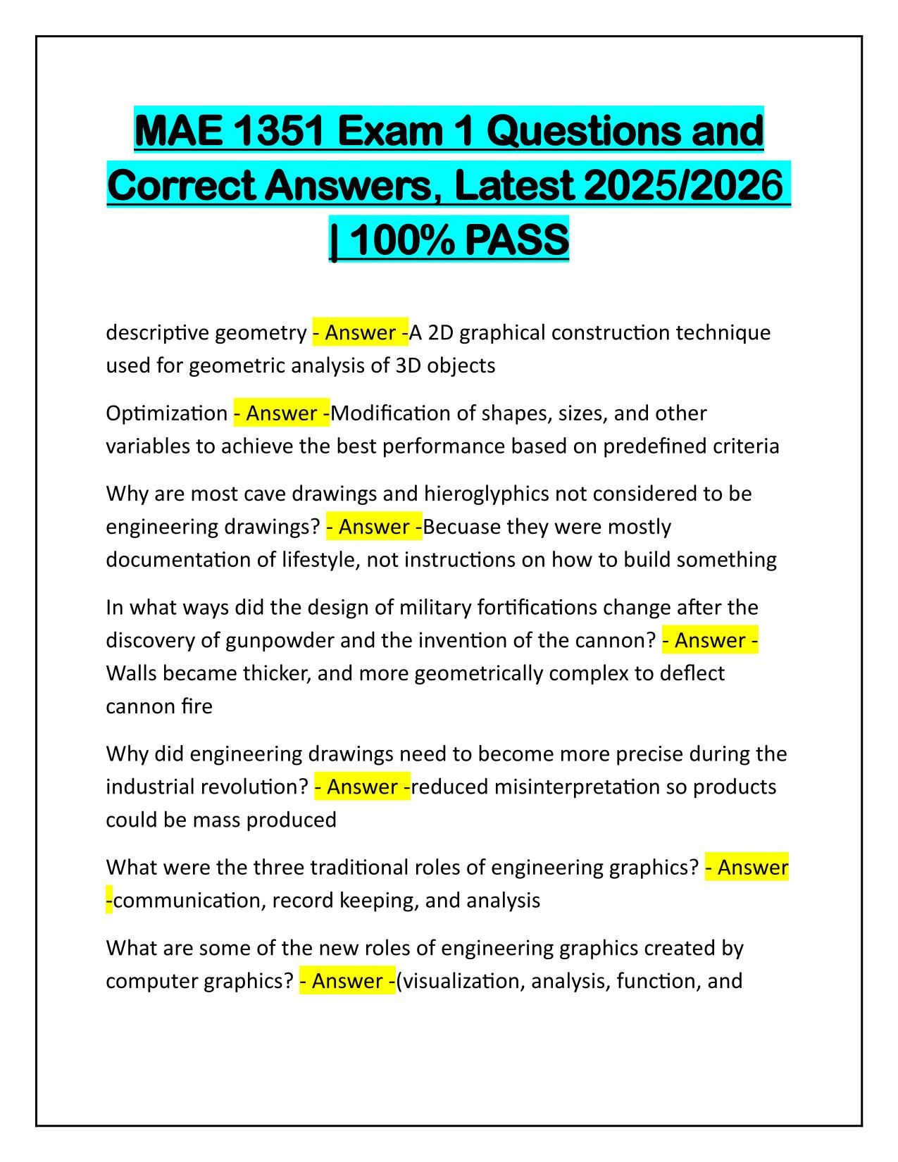 Bundle for MAE 1351 EXAMS Q&A Latest Update