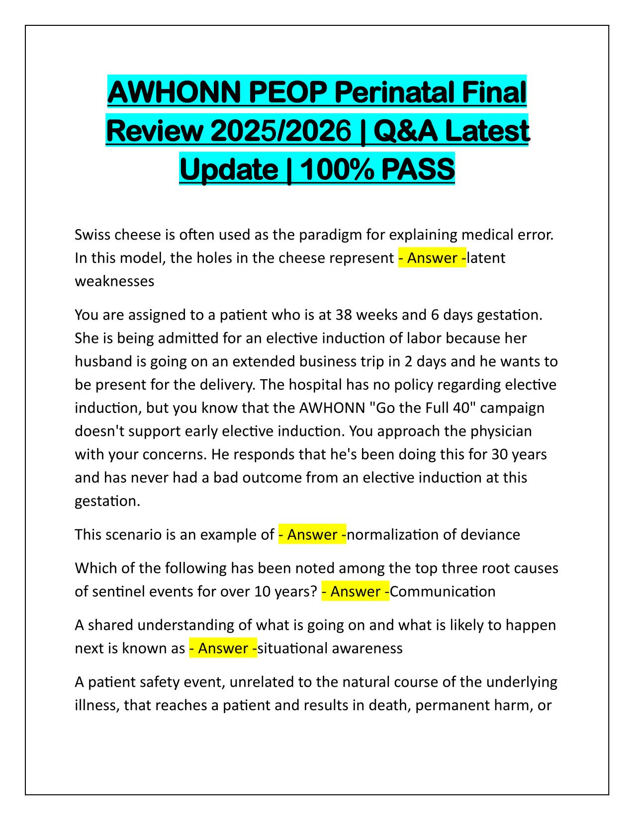 AWHONN PEOP Perinatal Final Review Q&A 2025-2026 Update