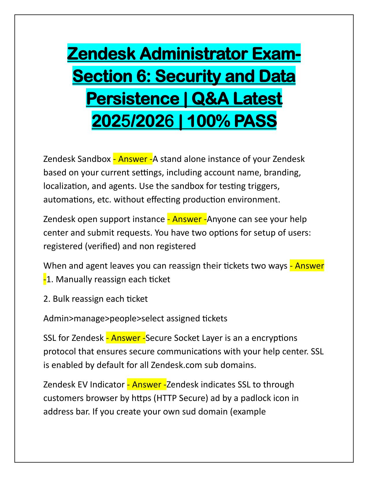 Zendesk Administrator Exam Section 6: Security and Data Persistence Correctly Answered