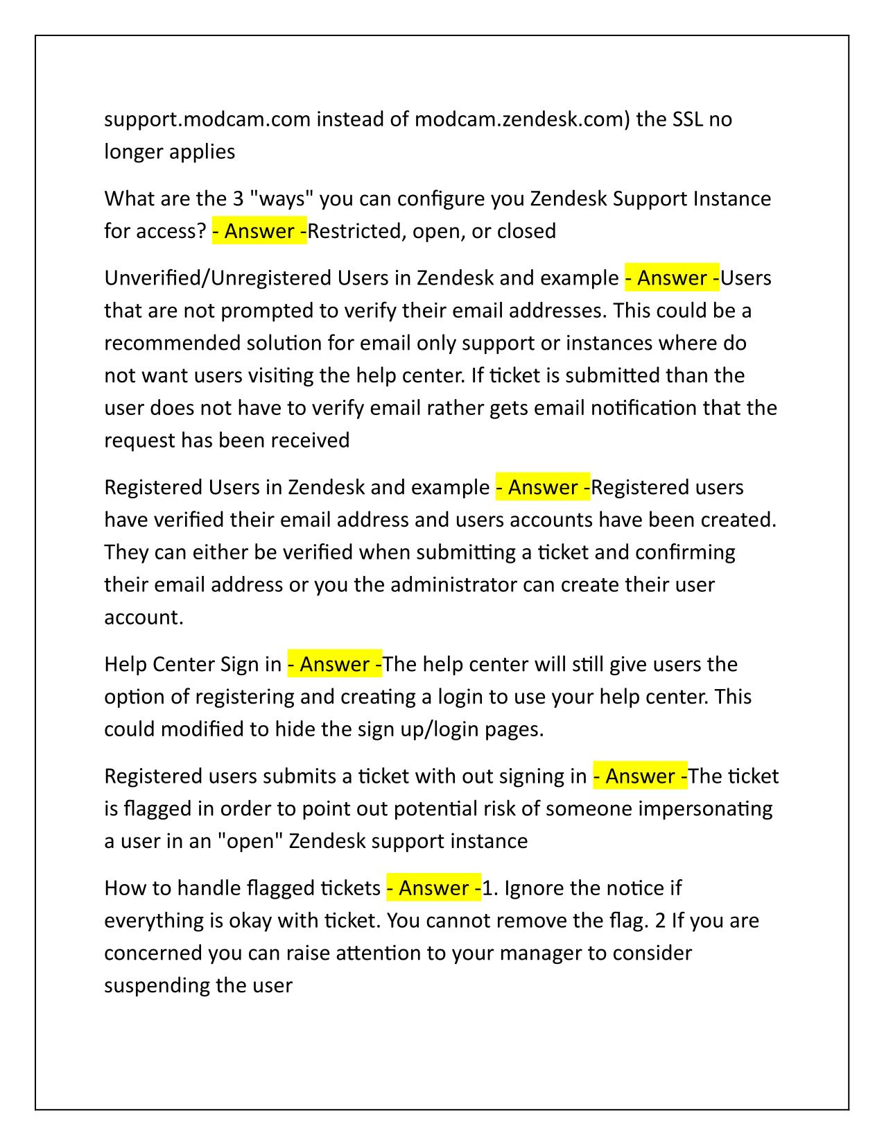 Zendesk Administrator Exam Section 6: Security and Data Persistence Correctly Answered