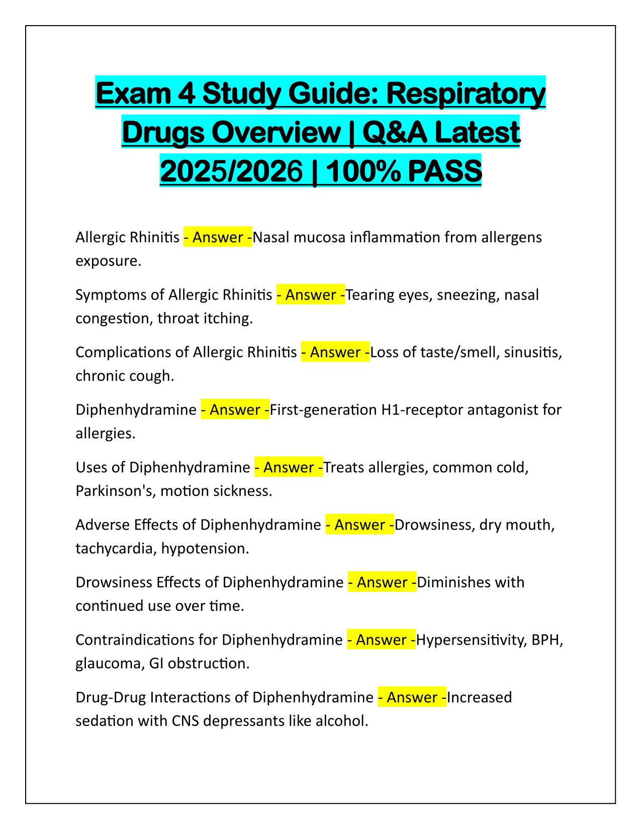 Exam 4 Study Guide Respiratory Drugs Overview Q&A Latest Update