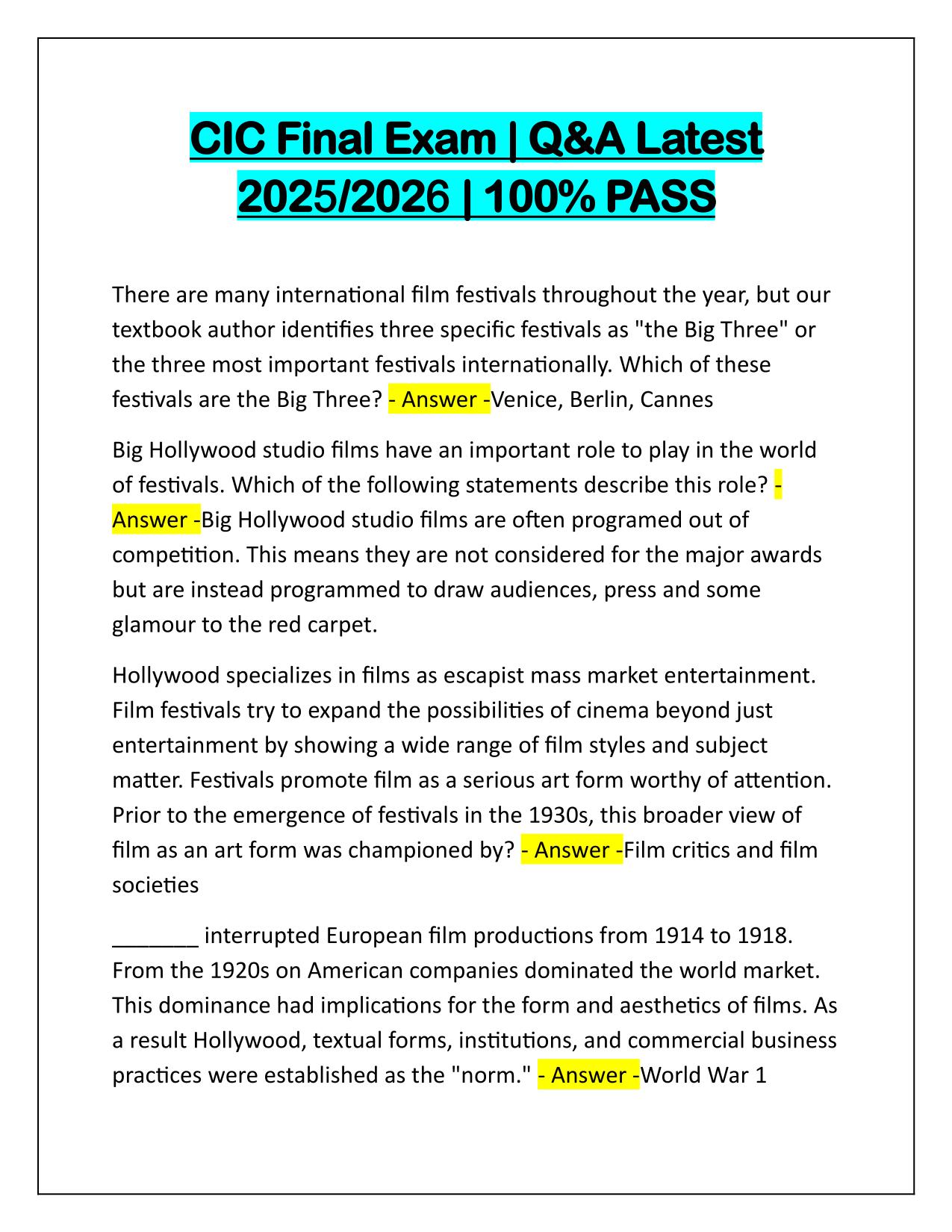 CIC Final Exam Q&A Latest Update 2025