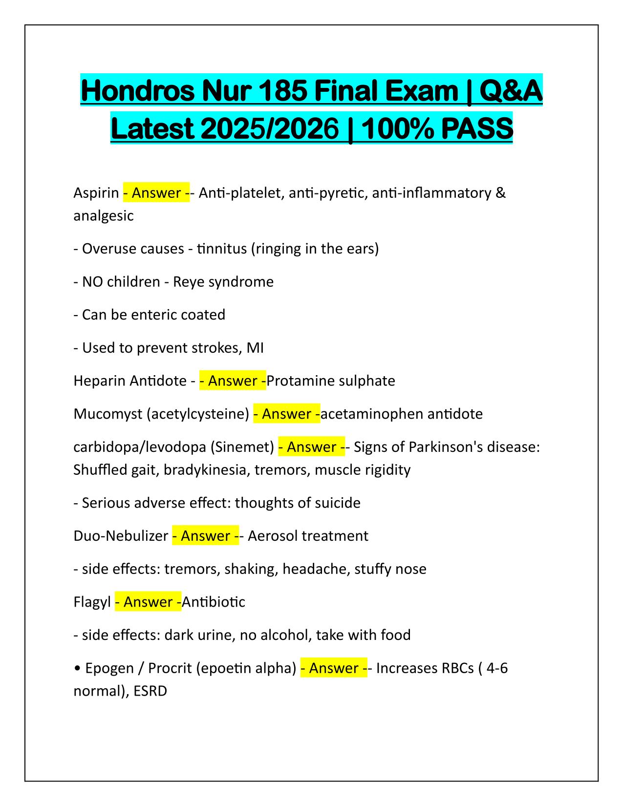 Hondros Nur 185 Final Exam Correctly Answered Latest Update