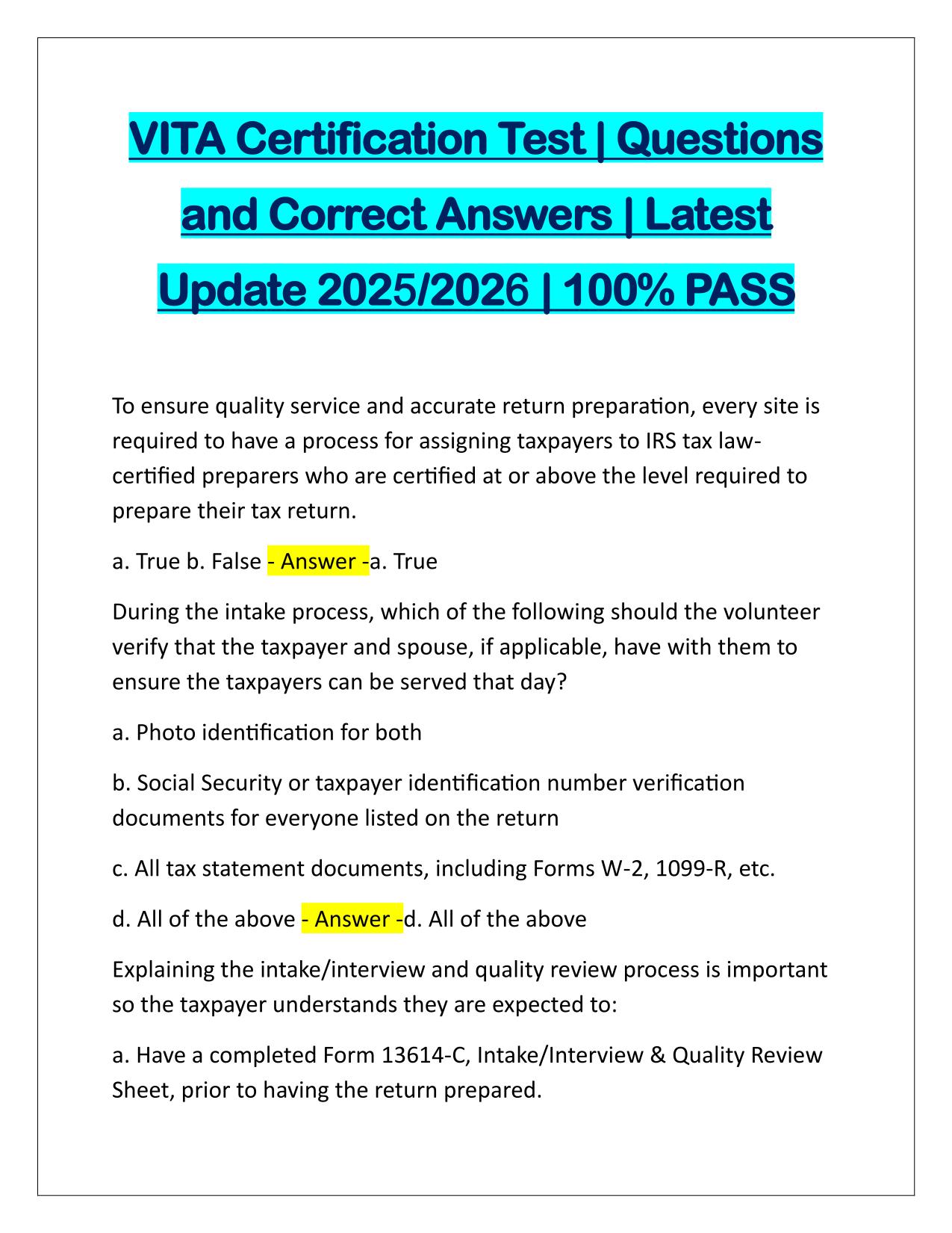 Bundle for VITA Certification EXAMS Questions and Answers 2025/2026