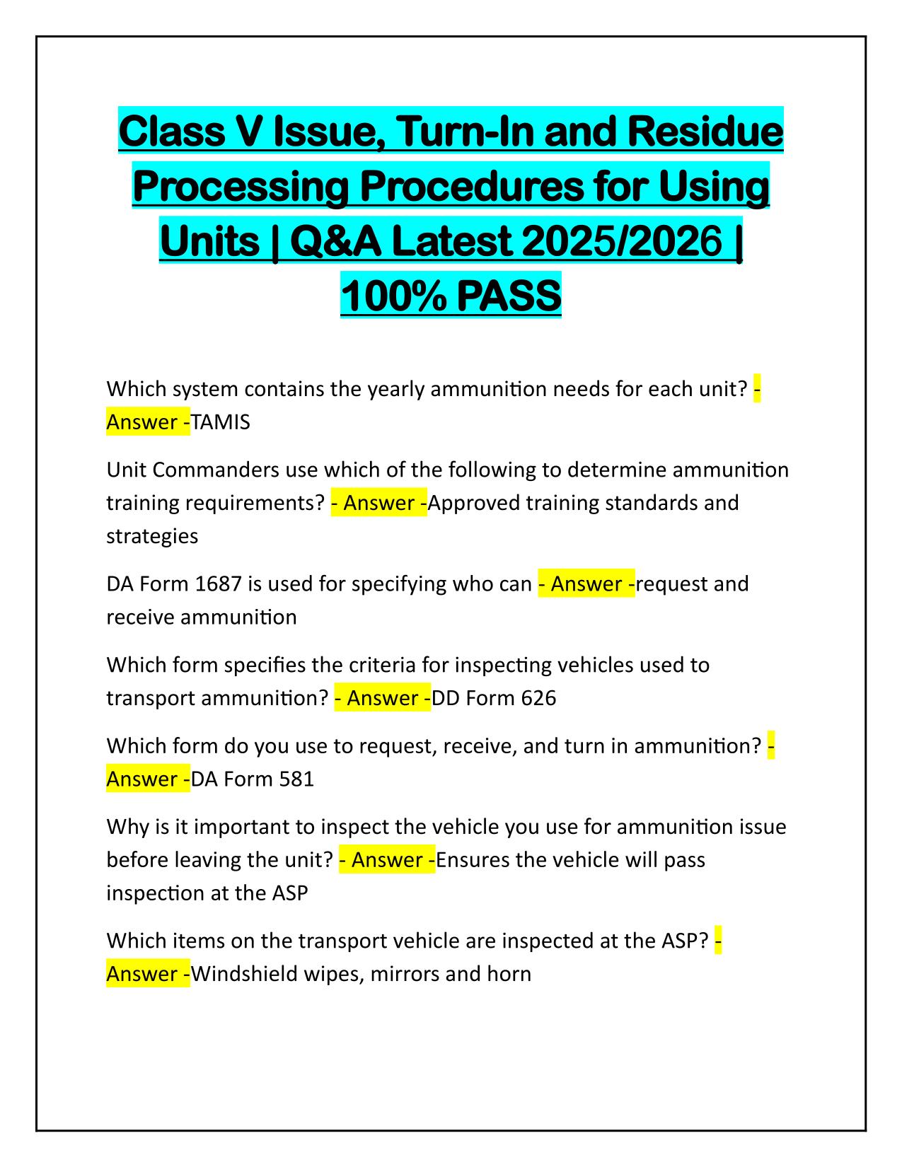 Class V Issue, Turn-In and Residue Processing Procedures for Using Units Q&A Latest Update