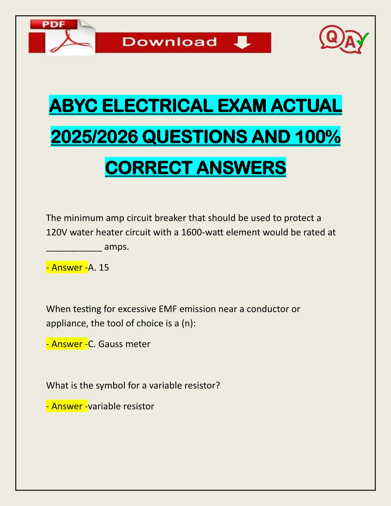 ABYC ELECTRICAL EXAM ACTUAL 2025/2026 Q&A