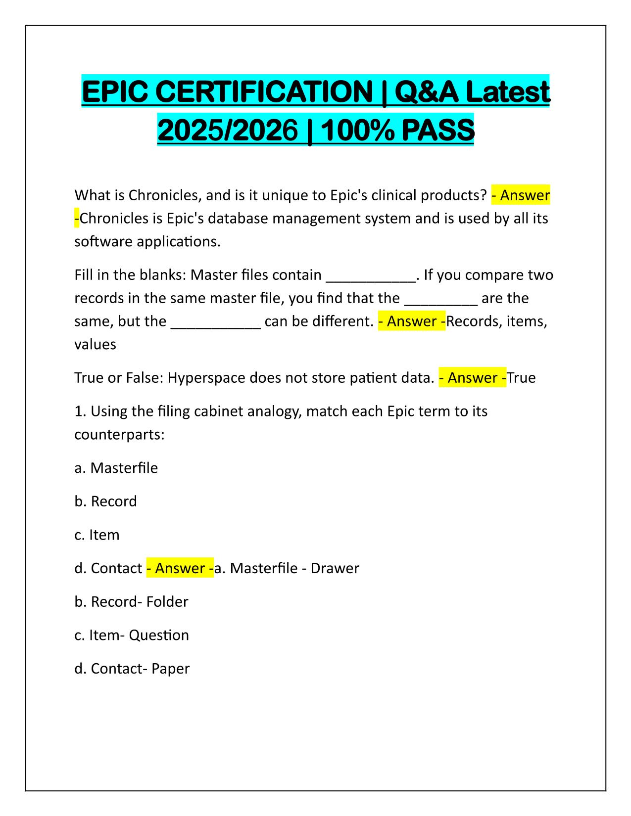 EPIC CERTIFICATION Questions and Correct Answers Latest 2025