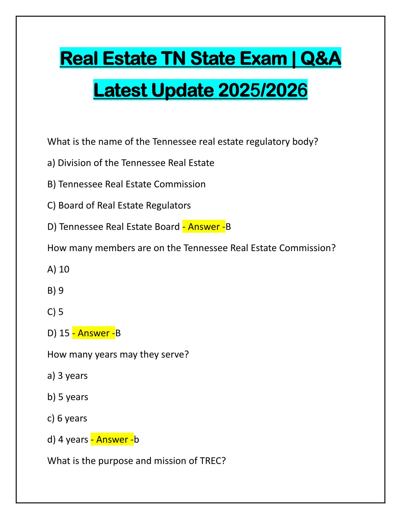 Real Estate TN State Exam Q&A Latest Update 100% PASS