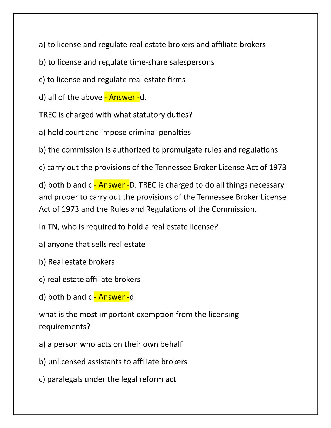 Real Estate TN State Exam Q&A Latest Update 100% PASS