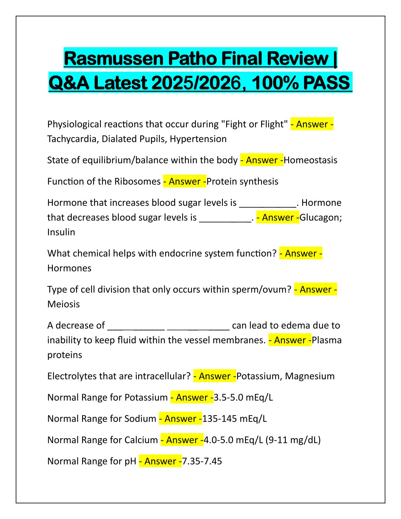Bundle for Rasmussen Patho Exams Q&A Latest Update 2025-2026