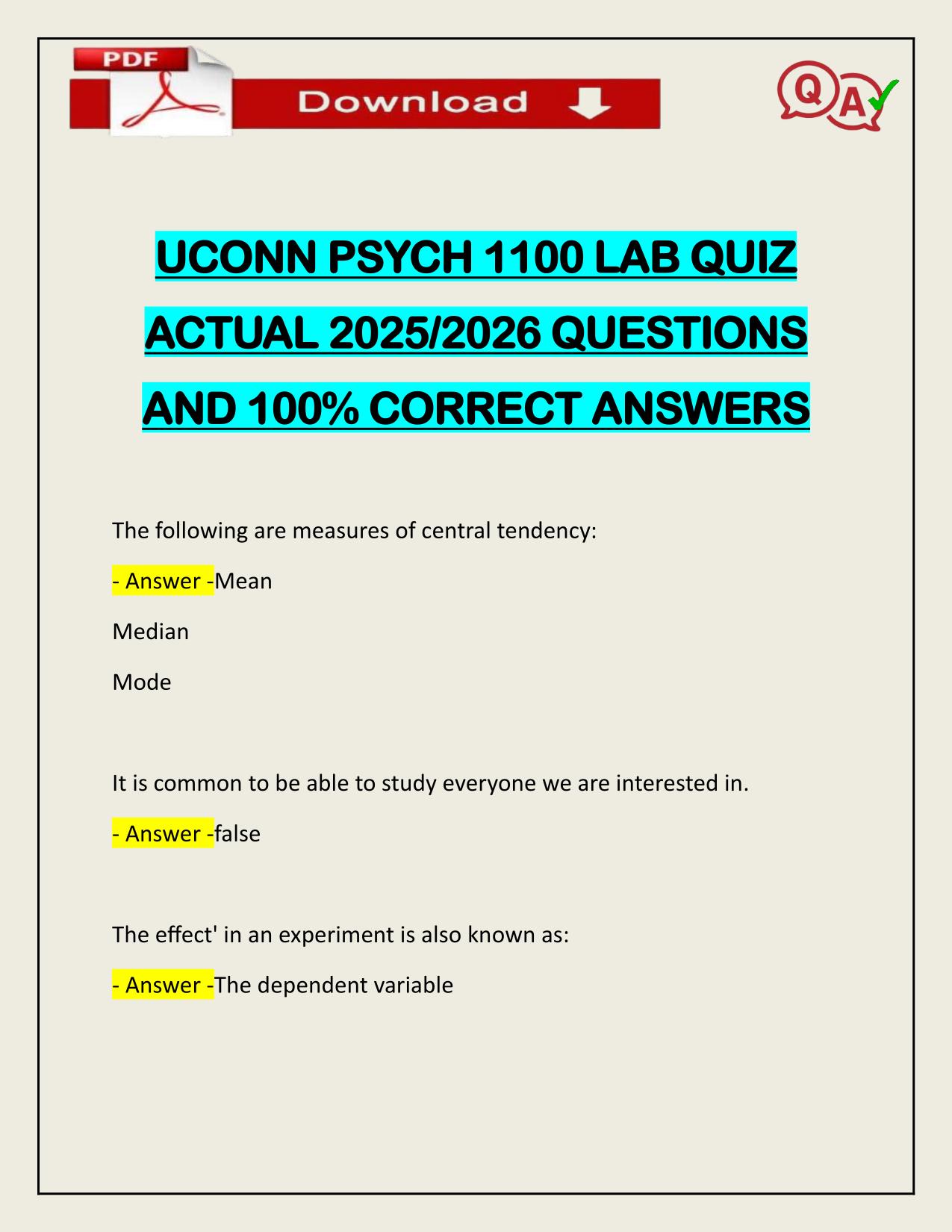UCONN PSYCH 1100 LAB QUIZ ACTUAL 2025/2026 Q&A 100% PASS