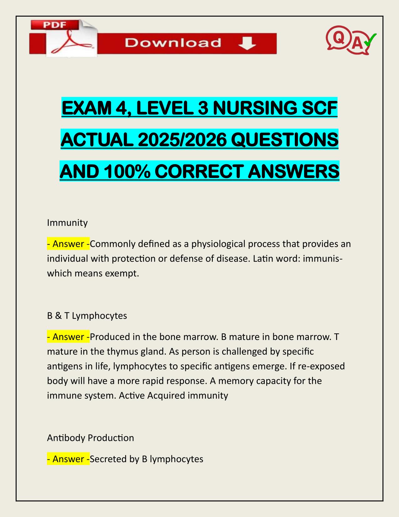 EXAM 4, LEVEL 3 NURSING SCF ACTUAL 2025/2026 CORRECTLY ANSWERED