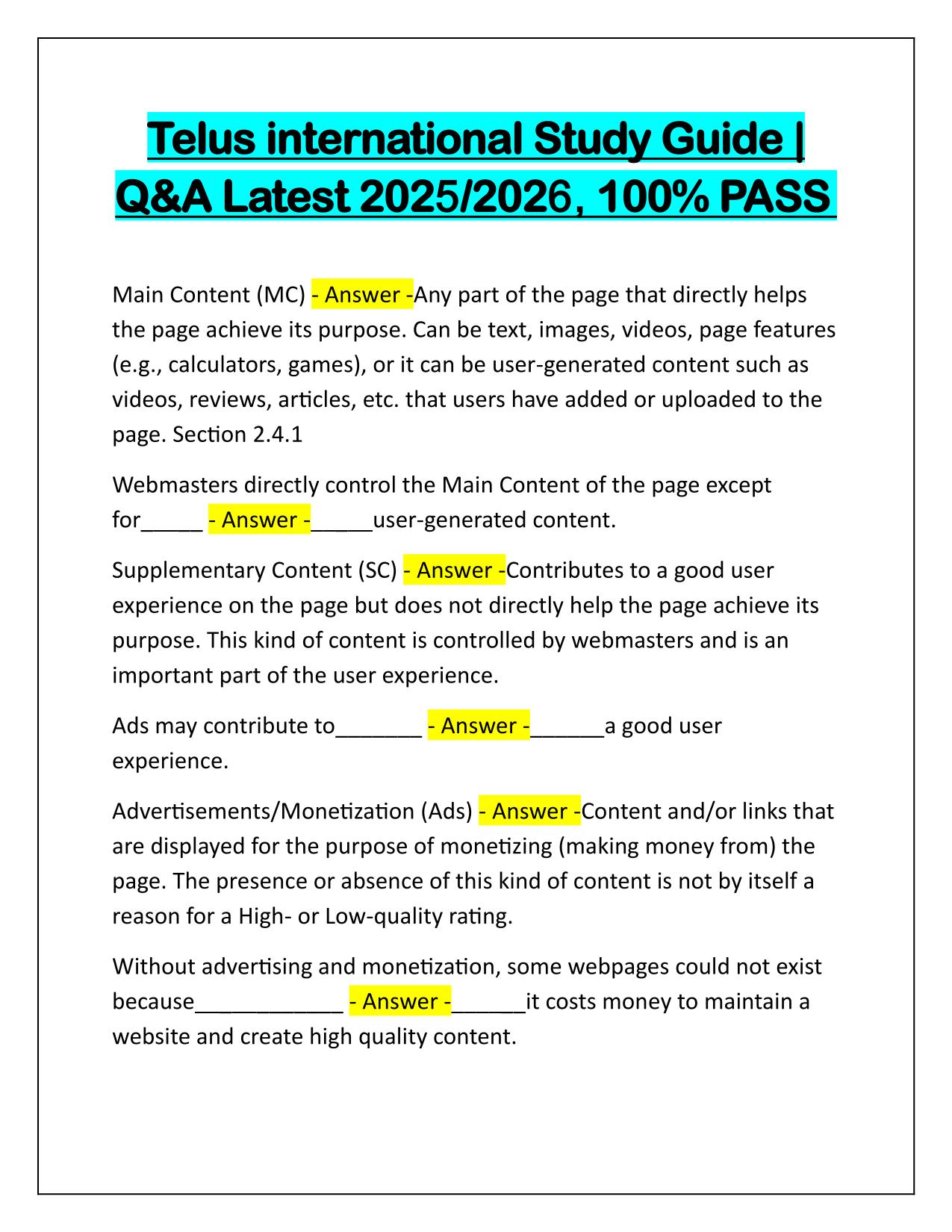Telus international Study Guide Q&A Latest Update
