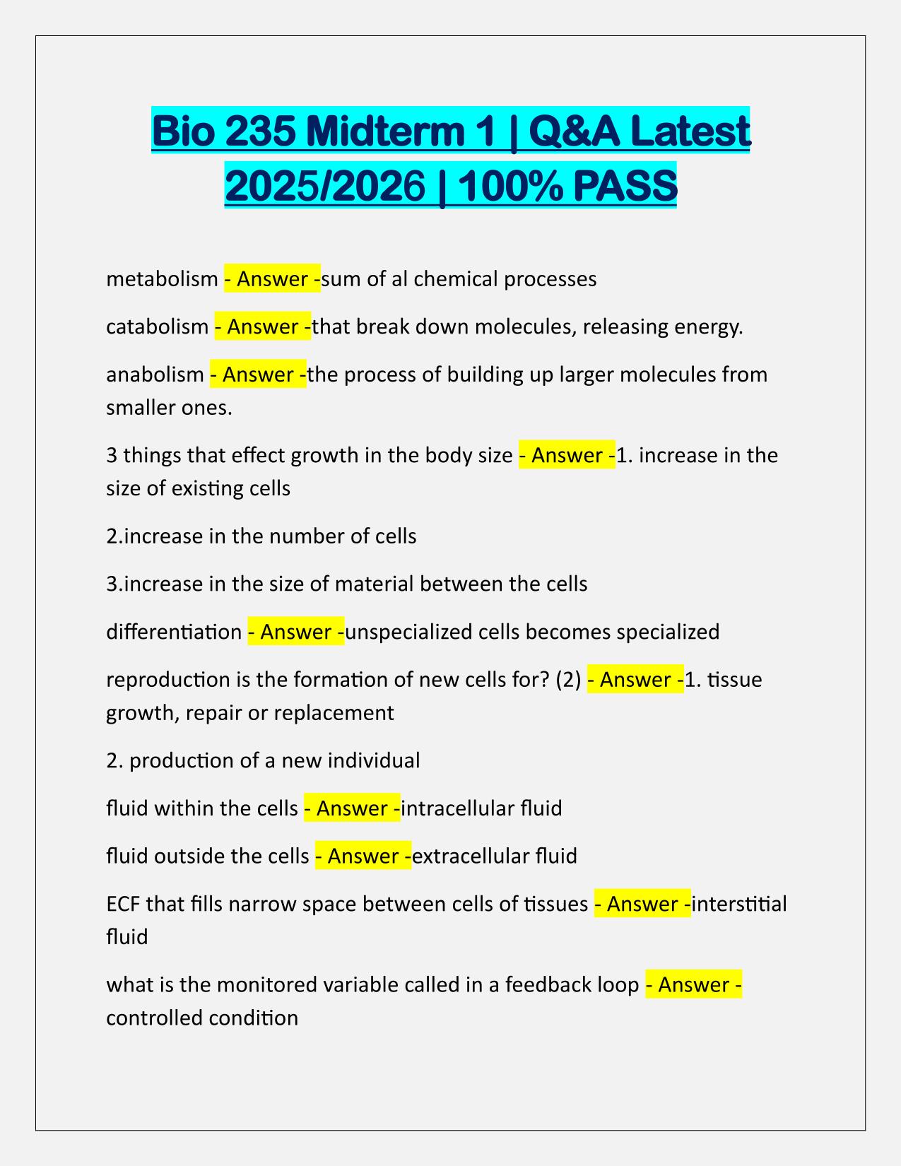 Bio 235 Midterm 1 Questions and Correct Answers Latest Update 2025-2026