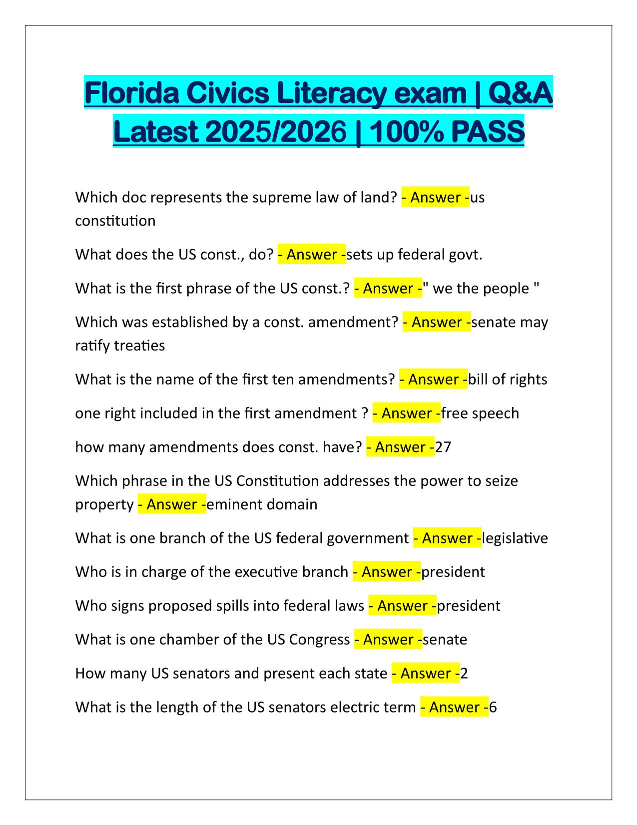 Bundle for Florida Civic Literacy EXAMS (FCLE) Q&A Latest Update 2025-2026