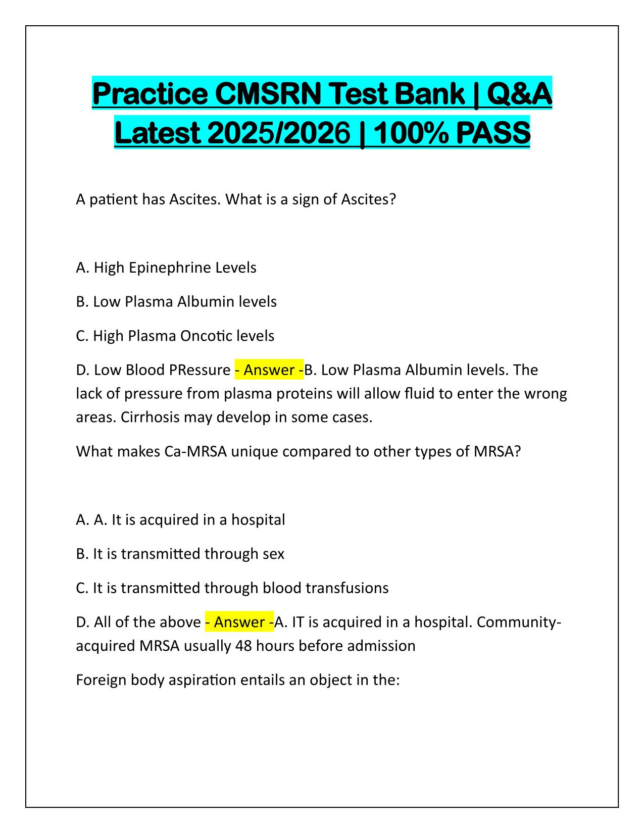 Practice CMSRN Test Bank Q&A Latest Update