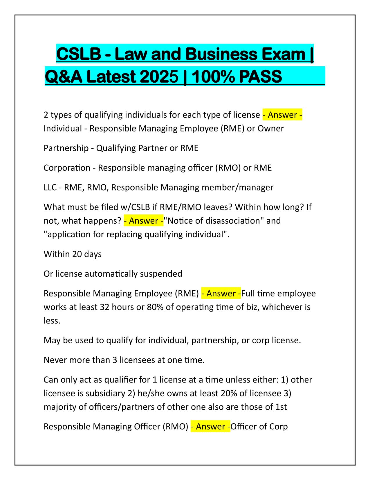 CSLB - Law and Business Exam | Q&A Latest 2025 | 100% PASS