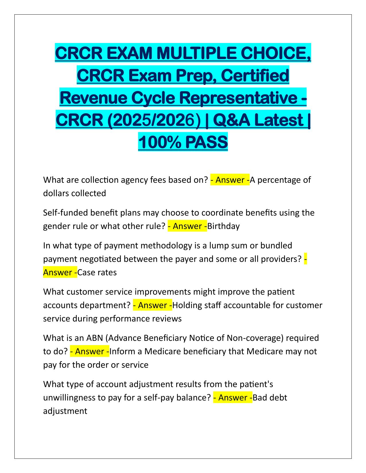 CRCR EXAM MULTIPLE CHOICE, Exam Prep, Certified Revenue Cycle Representative Q&A Latest Update