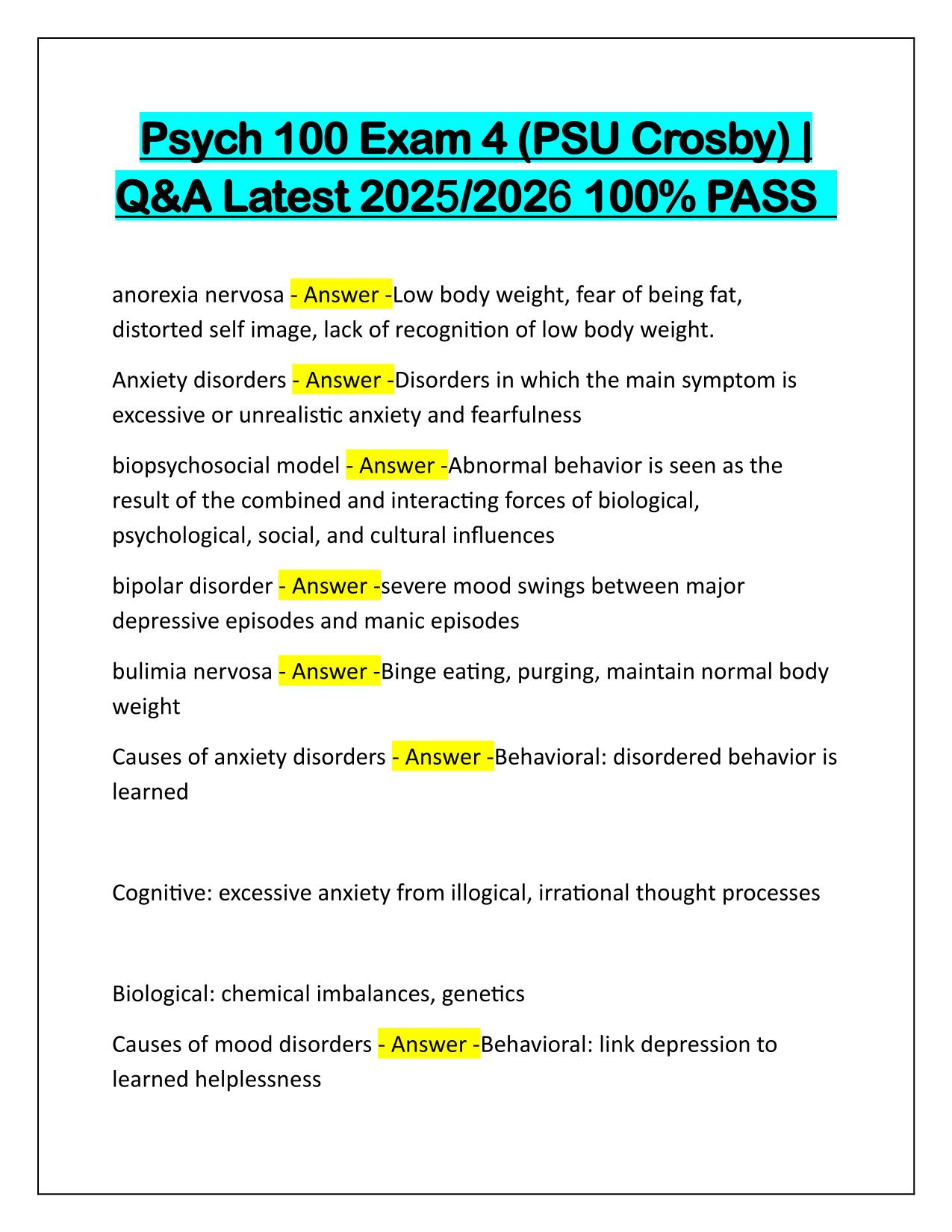 Package Deal for Psych 100 PSU Questions and Correct Answers Latest Update 2025-2026