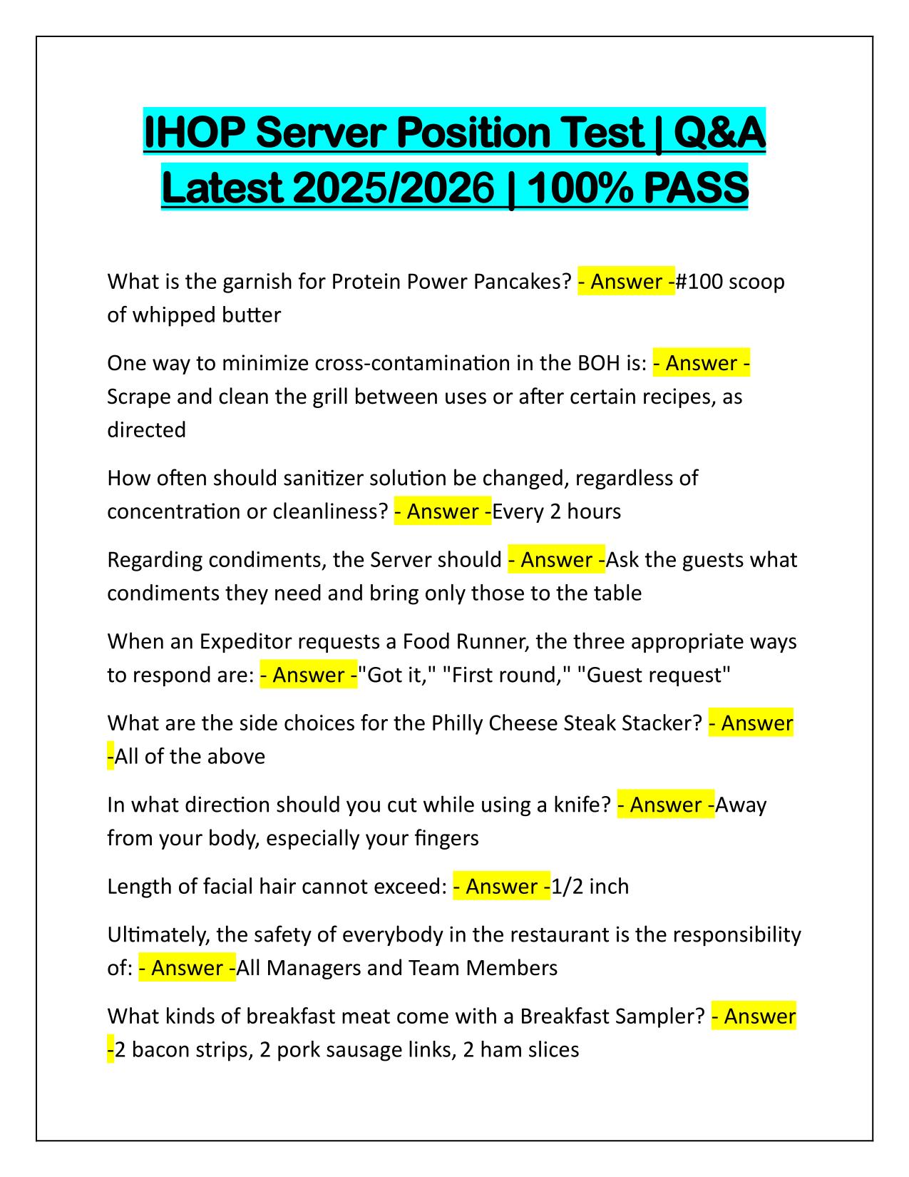 IHOP Server Position Test Q&A Latest Update