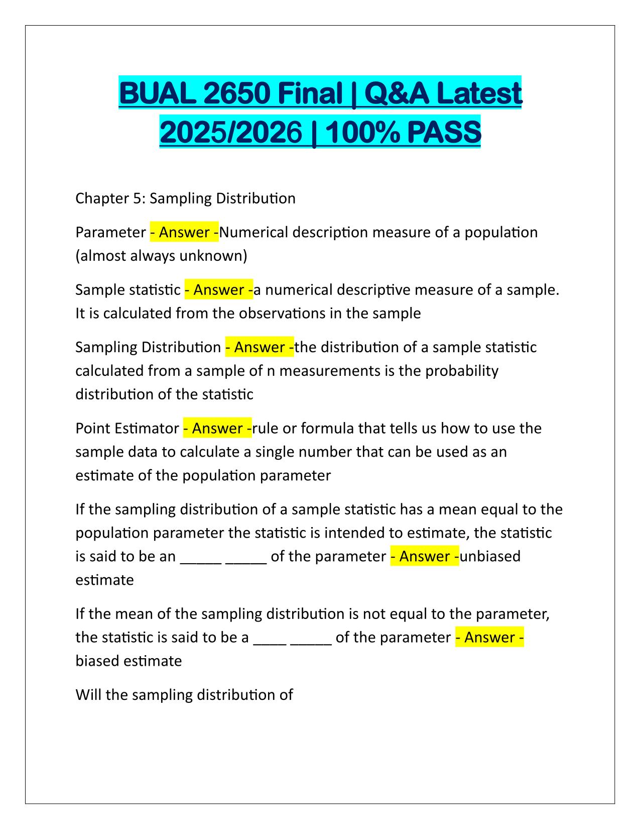 BUAL 2650 Final EXAM Q&A Latest Update
