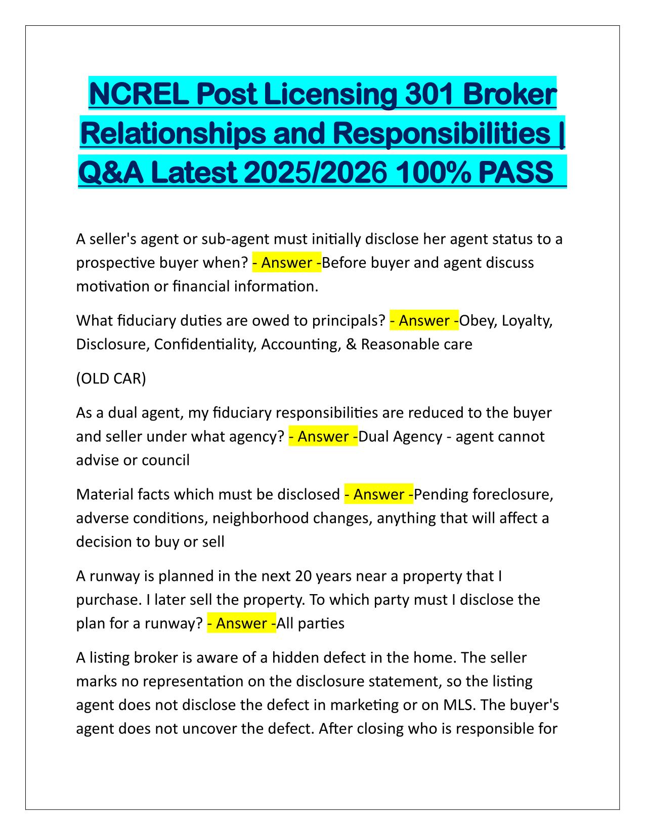 NCREL Post Licensing 301 Broker Relationships and Responsibilities Q&A Latest Update