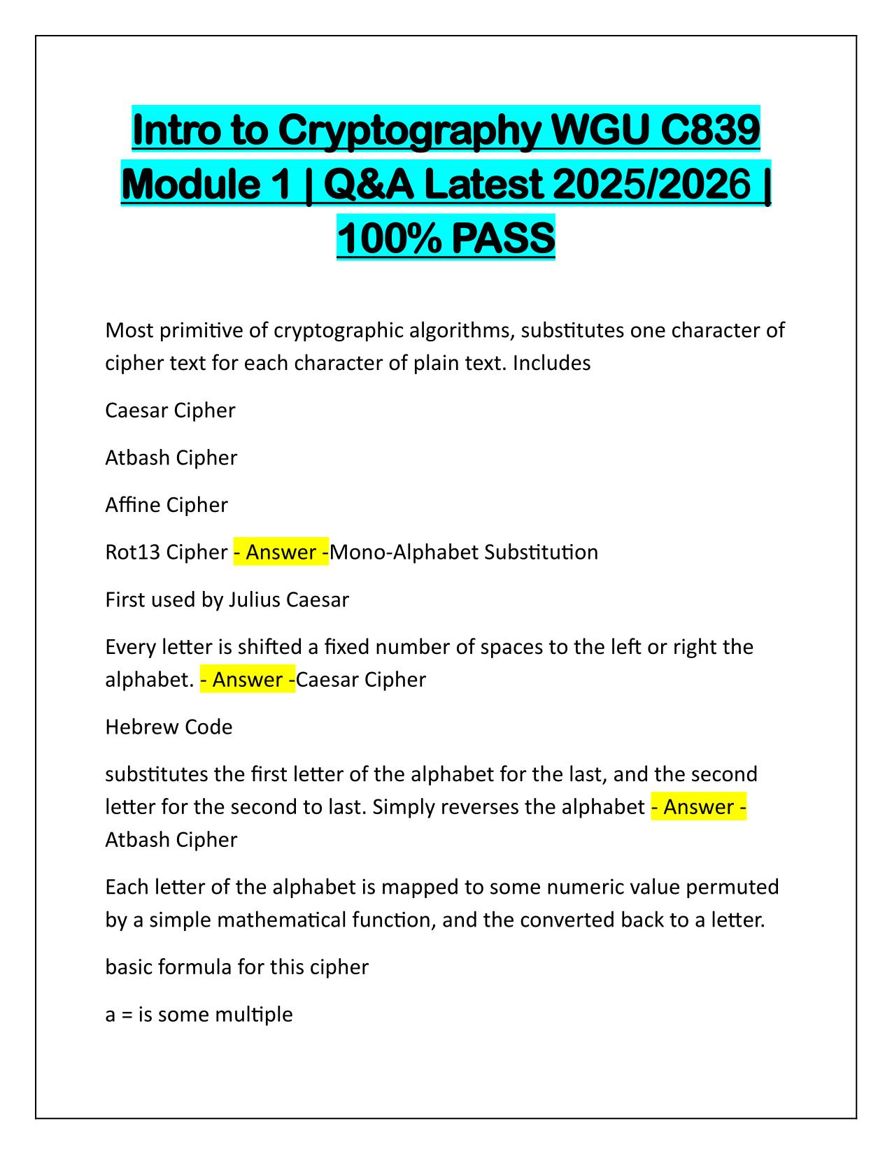 Bundle for WGU C839 Introduction to Cryptography Q&A Latest Update 2025-2026