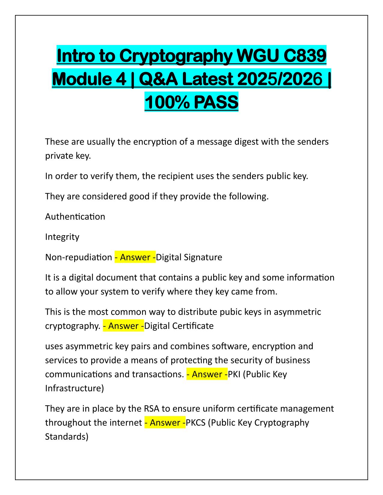 Intro to Cryptography WGU C839 Module 4 Q&A Latest Update
