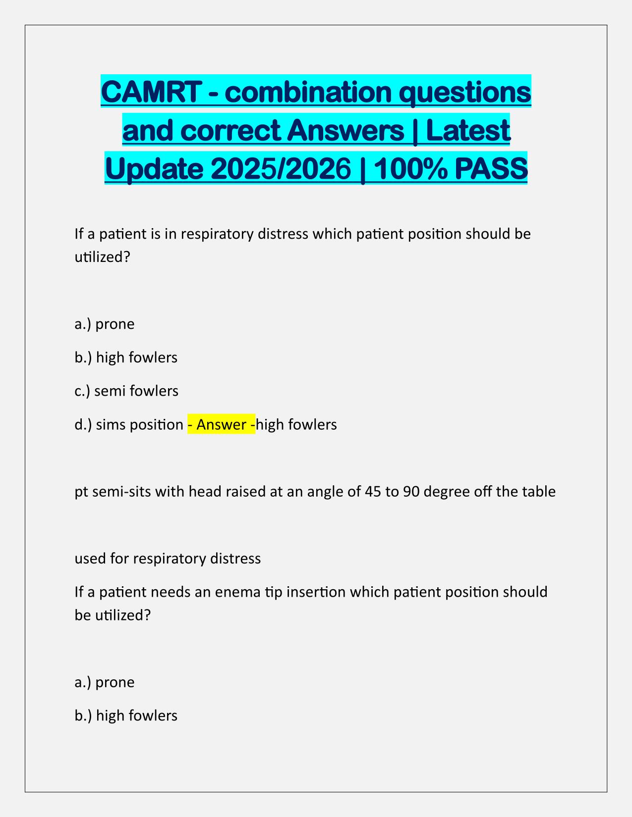 CAMRT-combination Questions and Correct Answers Latest Update
