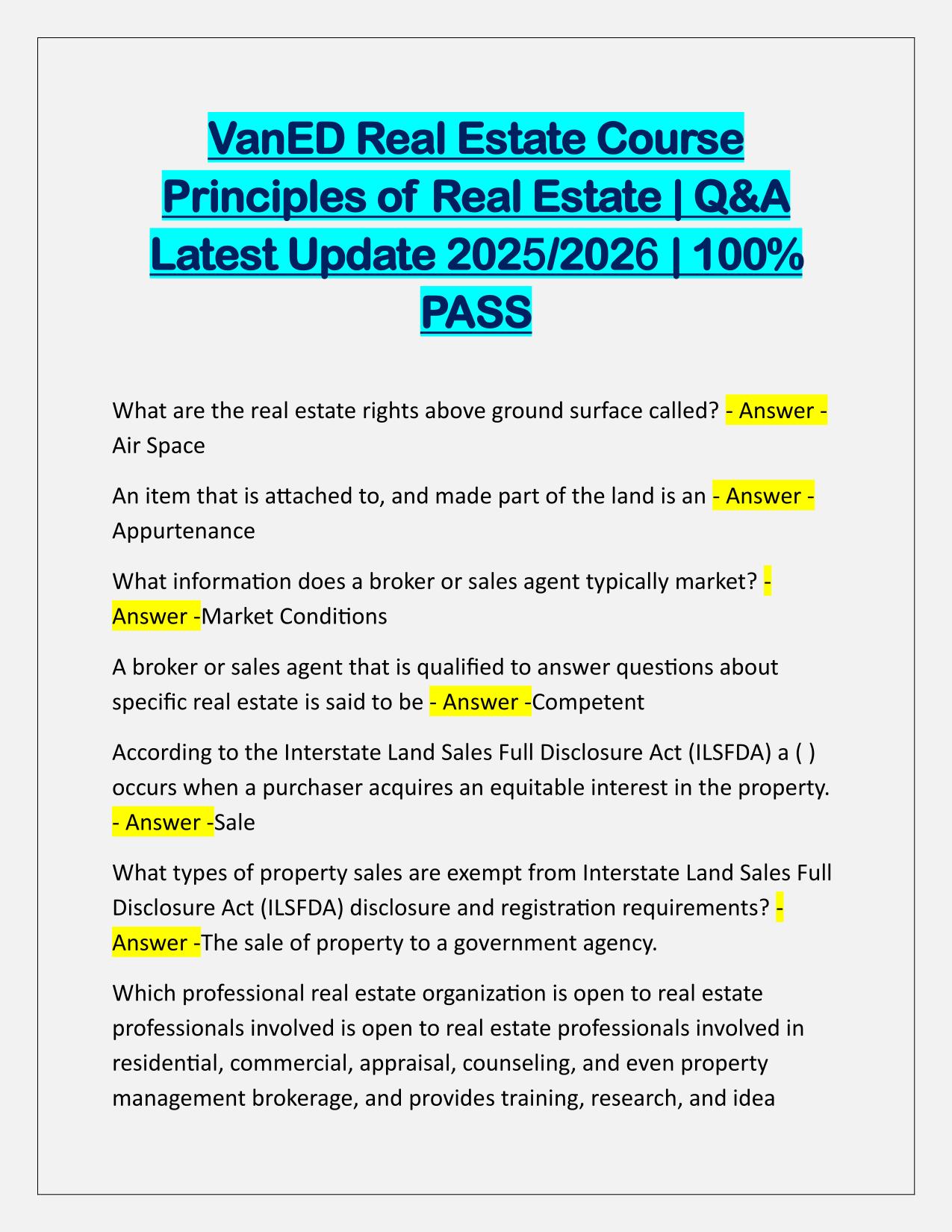 VanED Real Estate Course Principles of Real Estate Q&A Latest Update