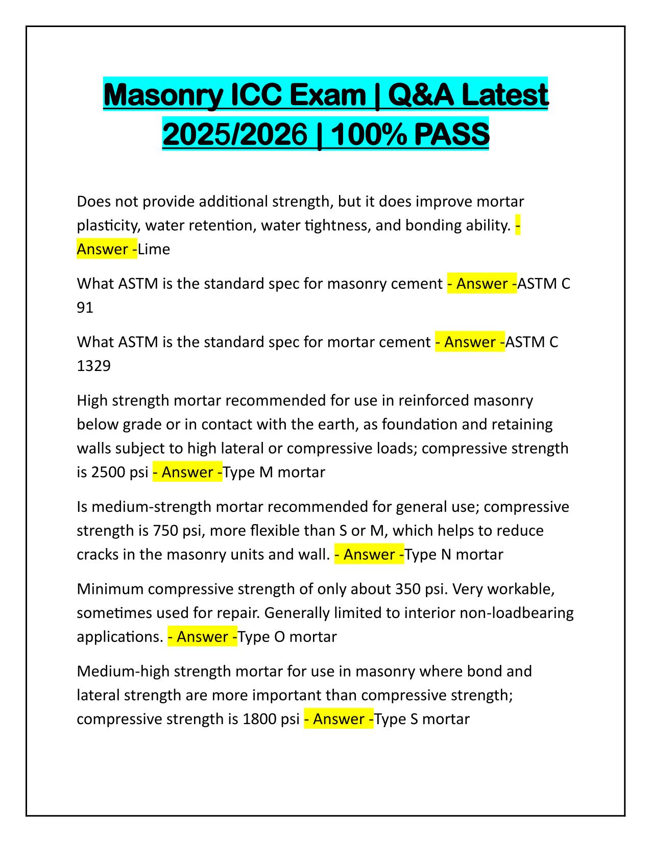 Masonry ICC Exam Correctly Answered Latest Update 100% PASS