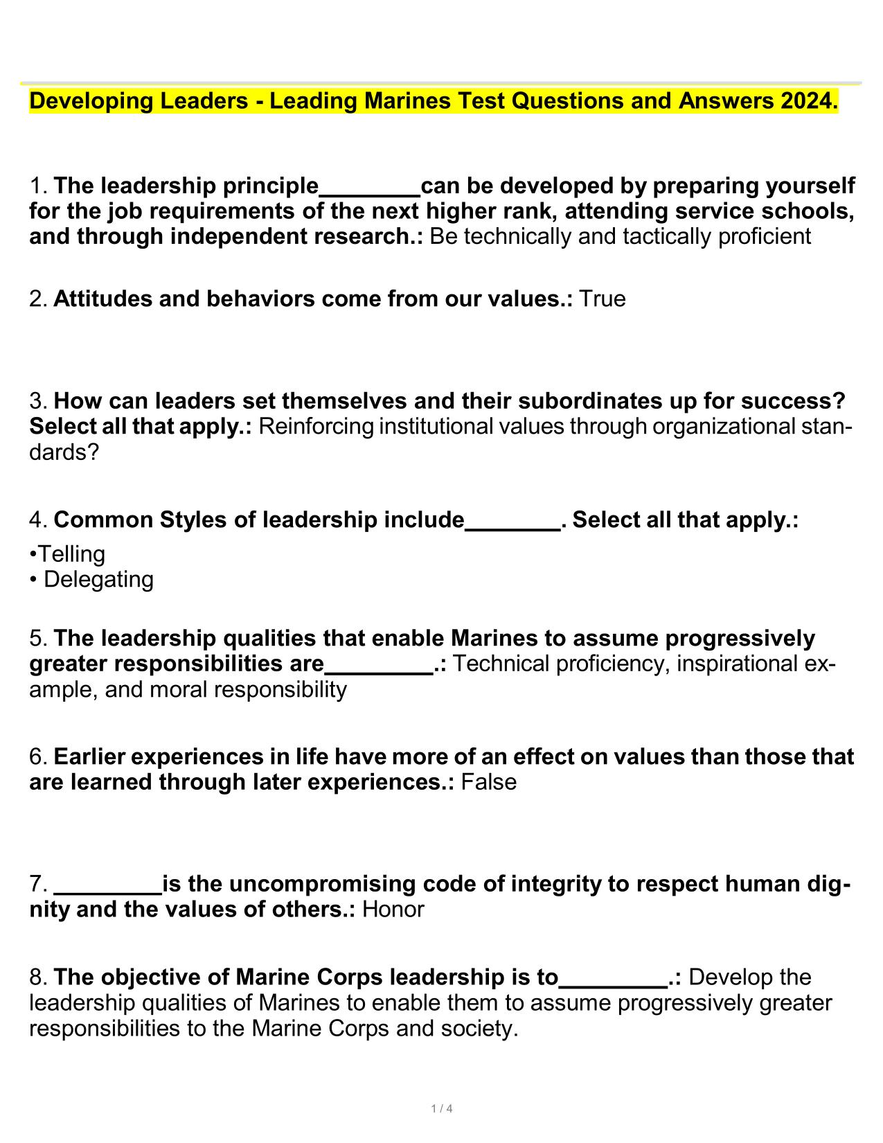 Developing Leaders - Leading Marines Test Questions and Answers 2025/2026 PDF Download