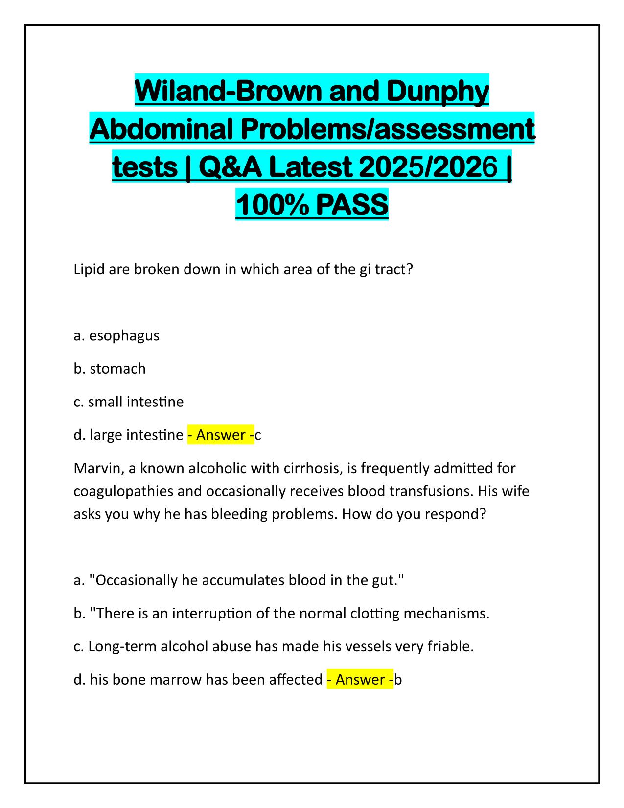 Wiland-Brown and Dunphy Abdominal Problems, assessment tests Q&A Latest Update
