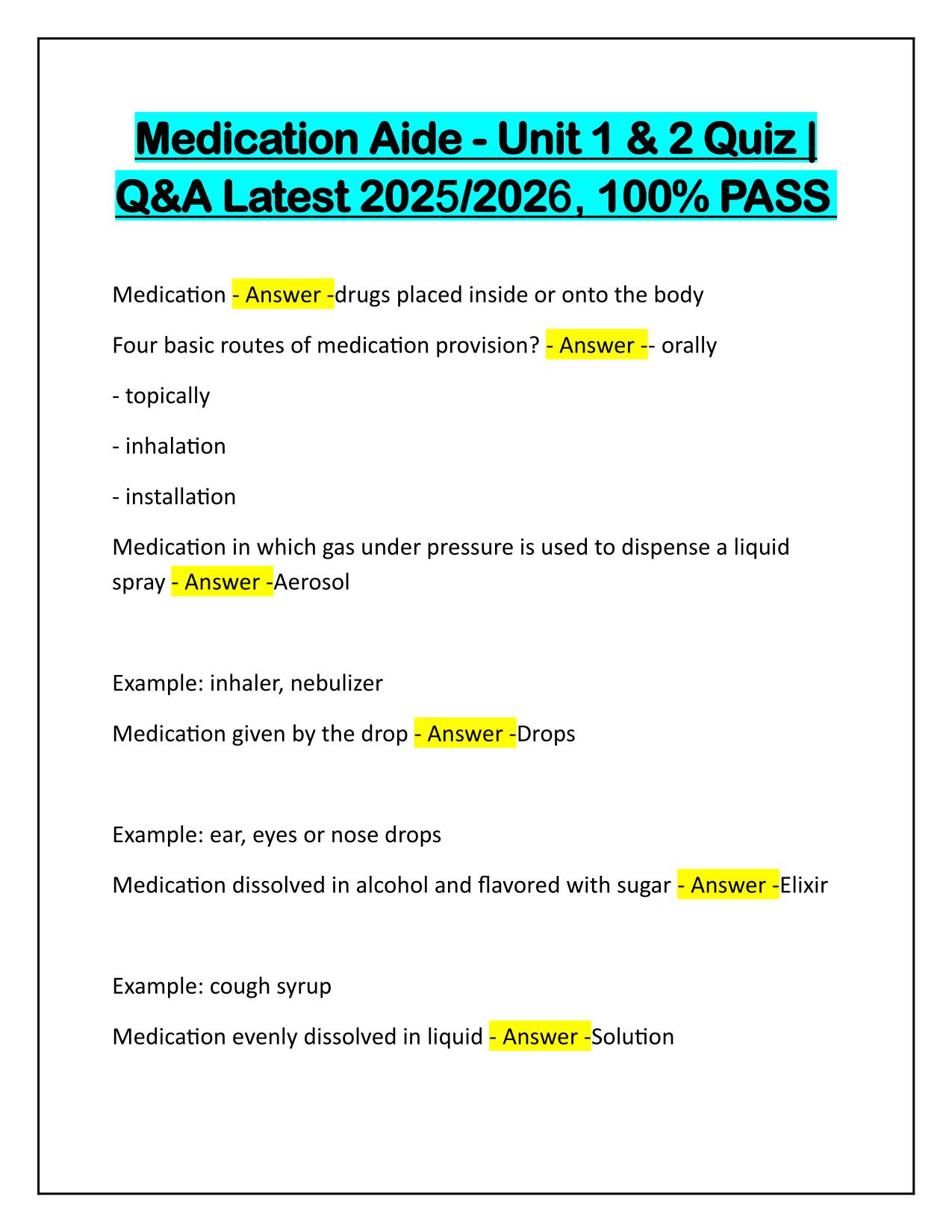 Medication Aide Unit 1 and 2 Quiz Correctly Answered 2025 Update