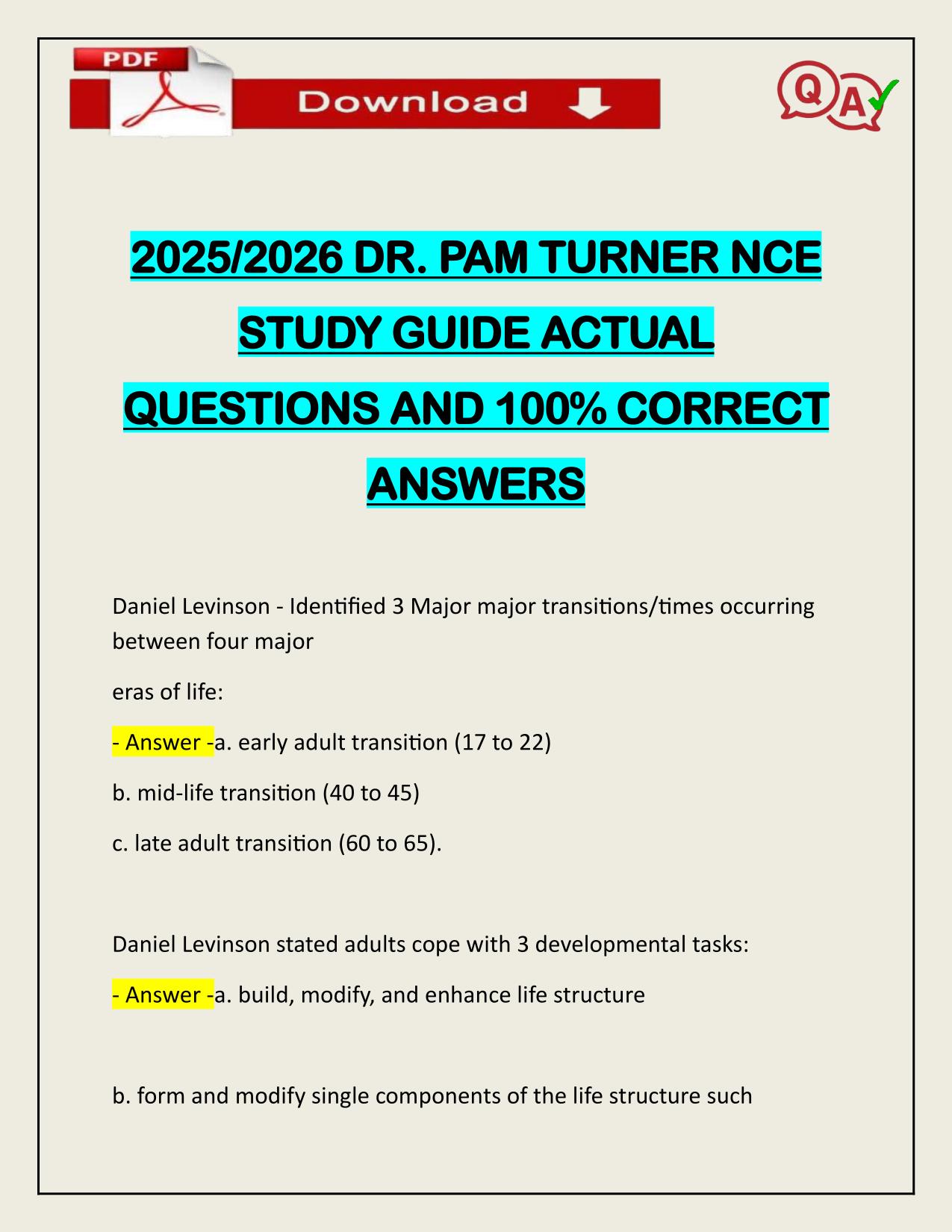 2025/2026 DR. PAM TURNER NCE STUDY GUIDE ACTUAL Q&A