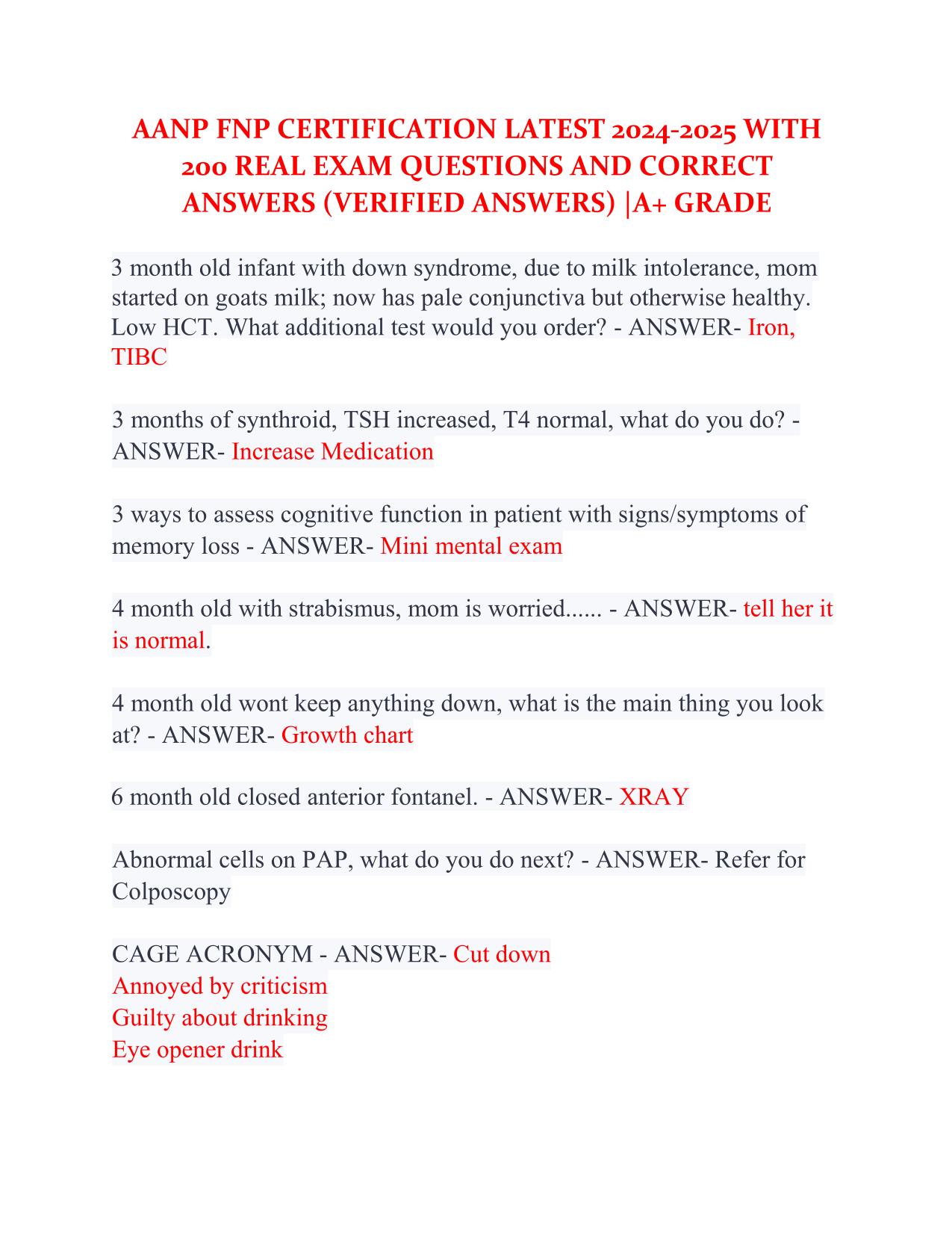 AANP FNP CERTIFICATION LATEST WITH 200 REAL EXAM Q&A, A+ GRADE
