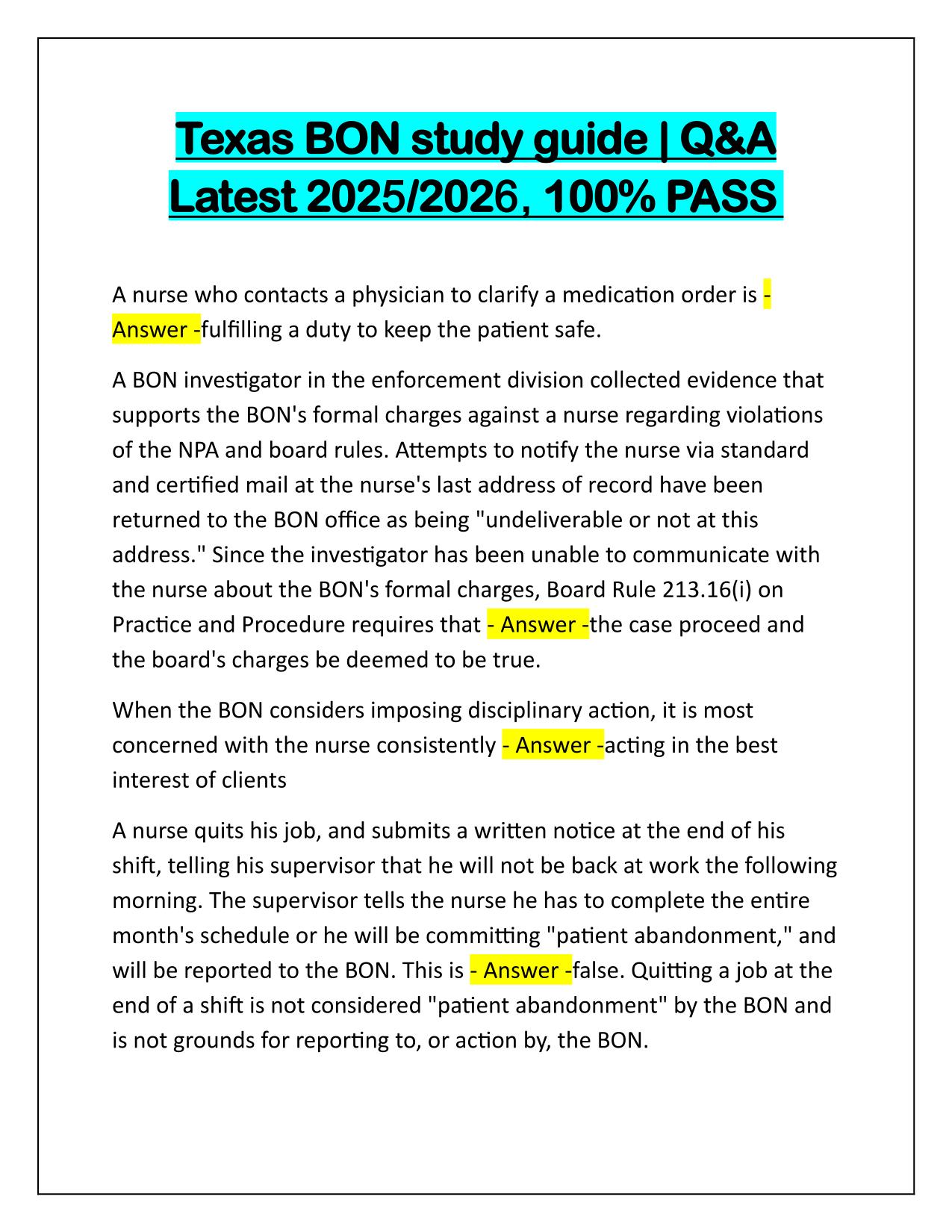 Texas BON study guide Correctly Answered 2025 Update