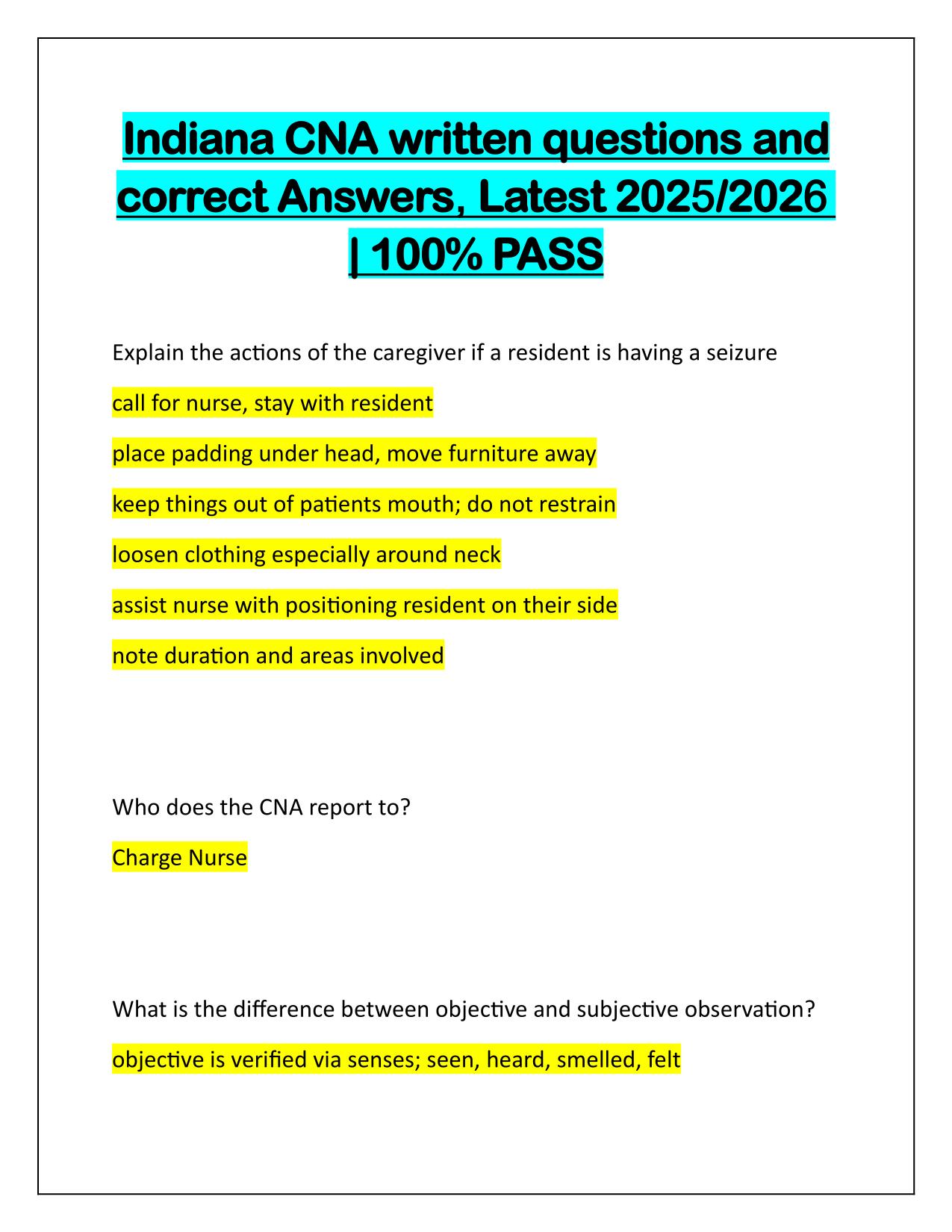 Indiana CNA written Questions and correct Answers Latest Update