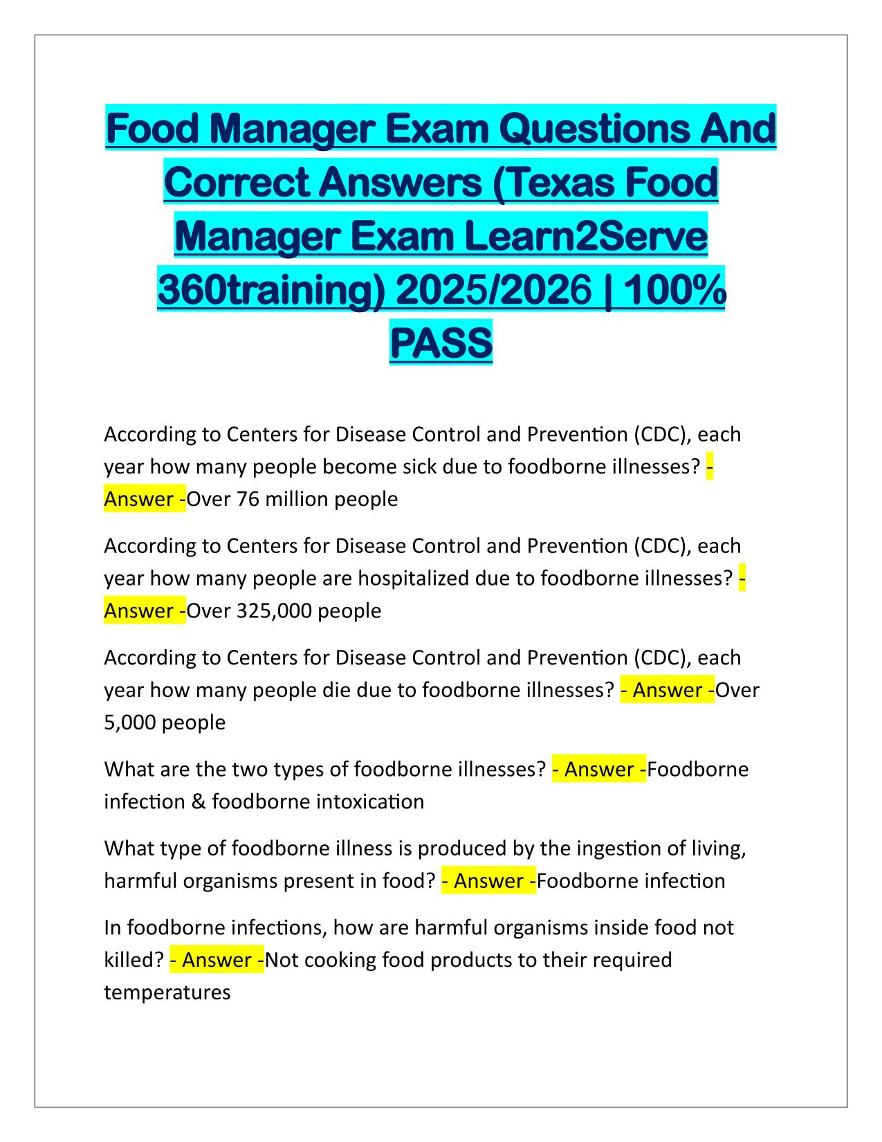 Food Manager Exam Q&A (Texas Food Manager Exam Learn2Serve 360training) Latest Update