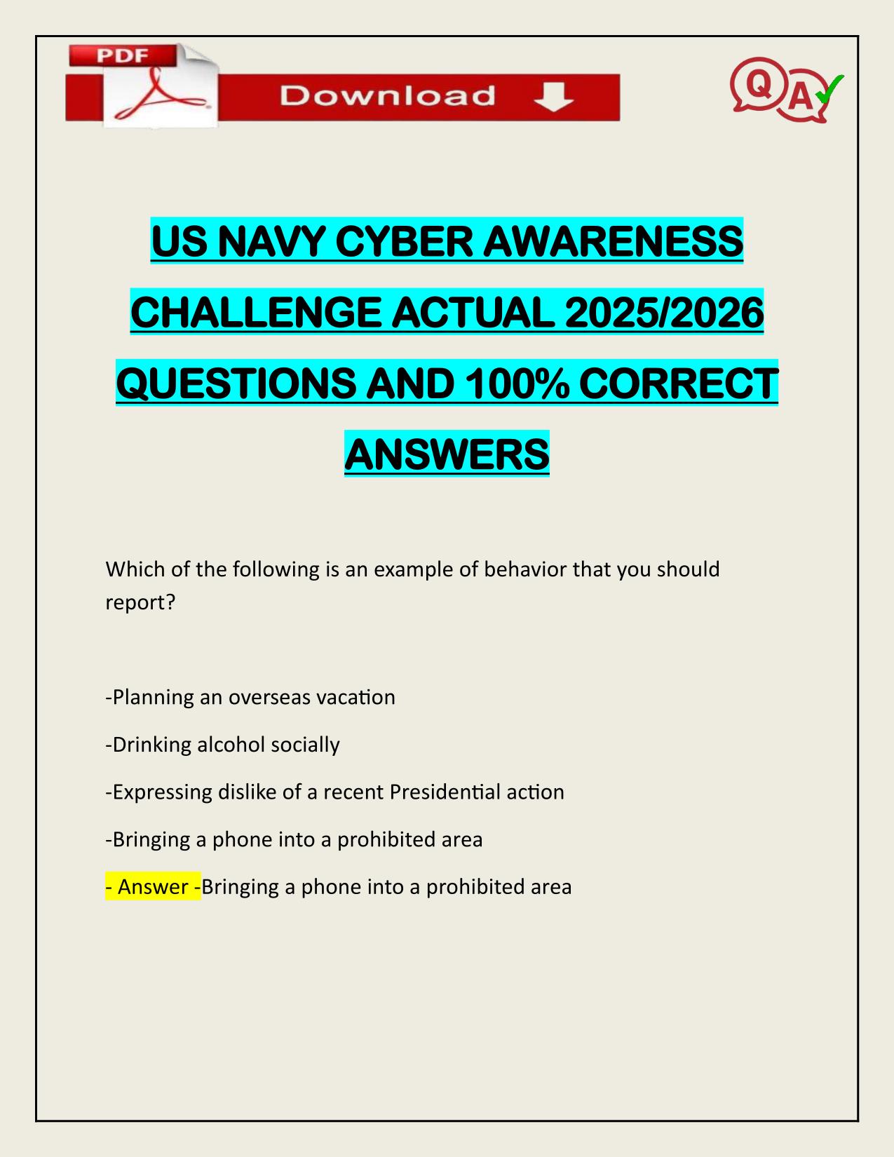 US NAVY CYBER AWARENESS CHALLENGE ACTUAL 2025/2026 Q&A